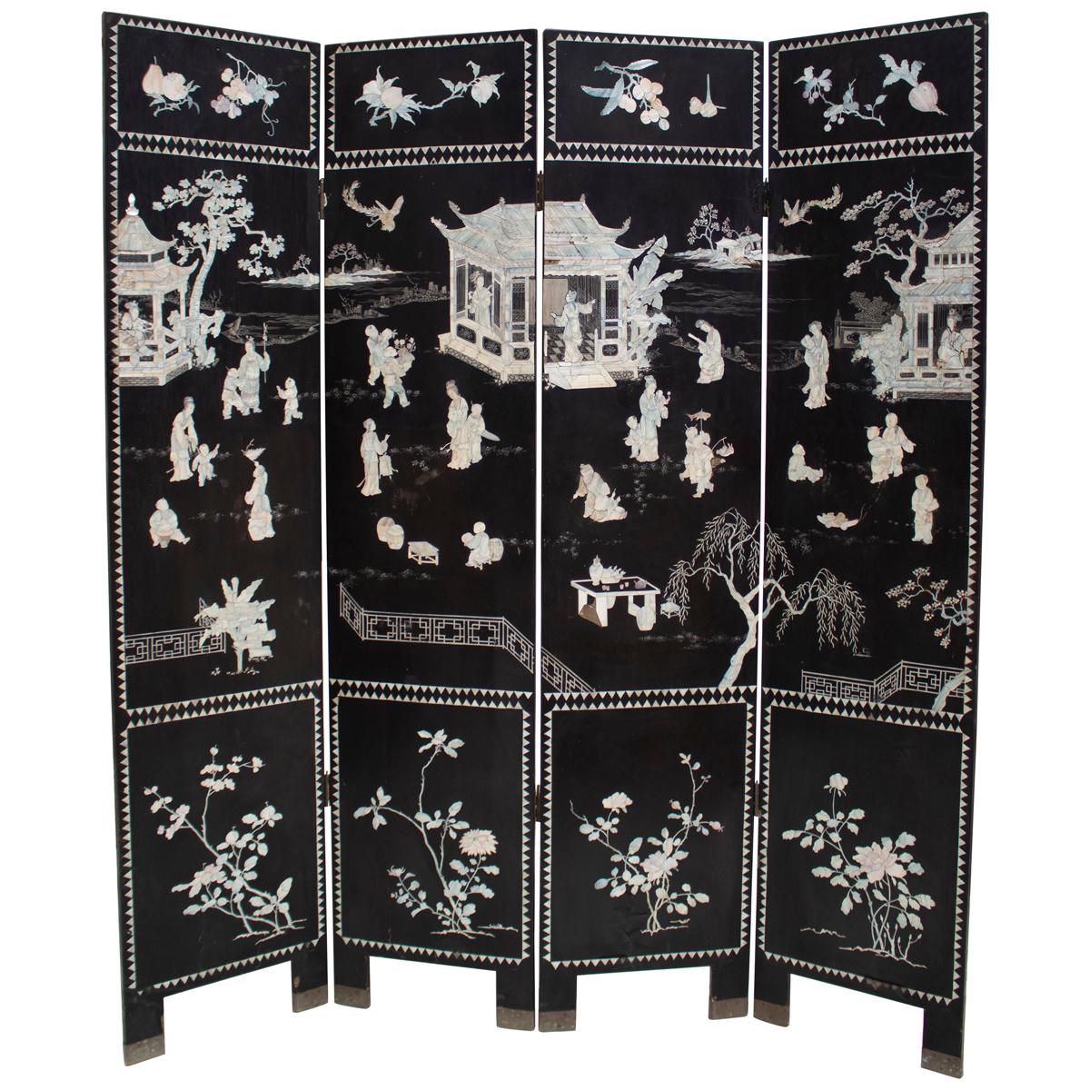 20th Century Chinese Mother of Pearl Inlay 4-Panel Folding Screen