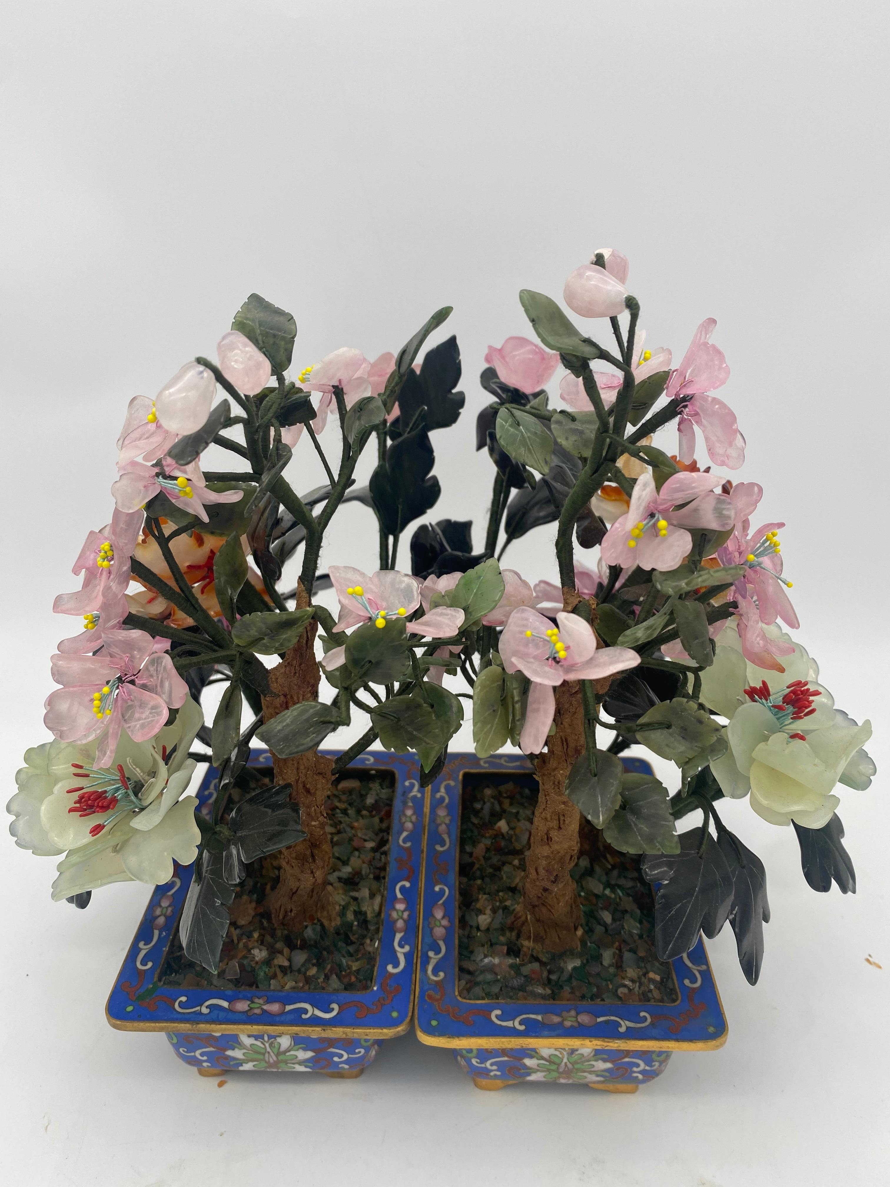 Agate  Chinese Multi-Color Bonsai Tree in Cloisonné Pot