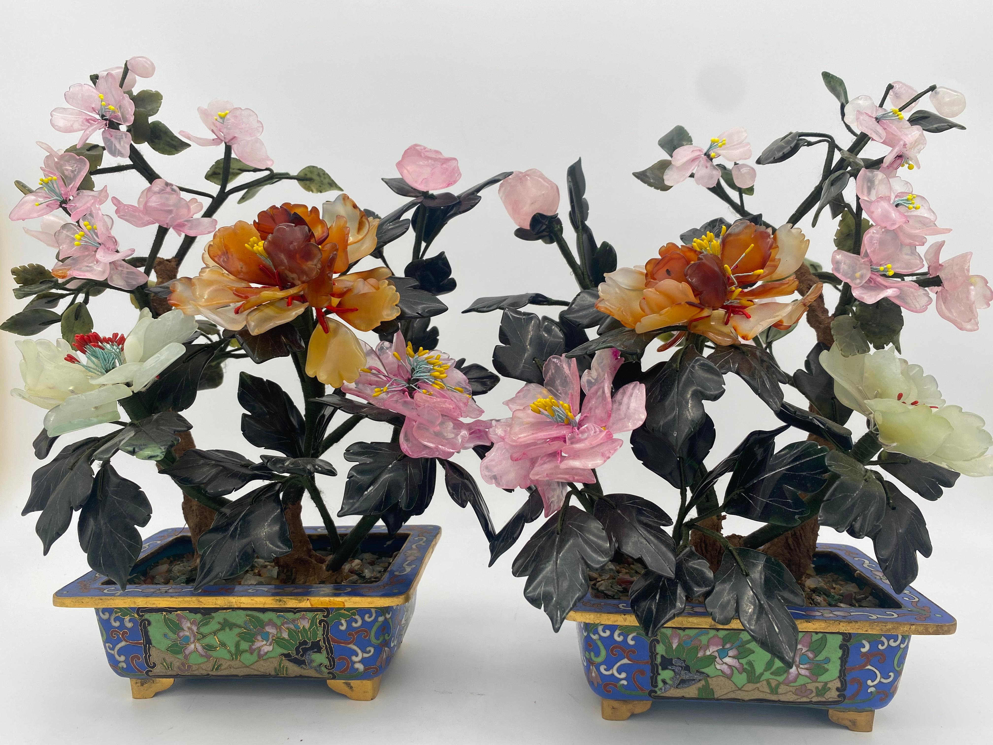 Antique Chinese multi-color Bonsai tree in cloisonné pot, very beautiful and excellent agate flowers and jade leaves tree with gilt cloisonné pot, see more pictures, measures: 12