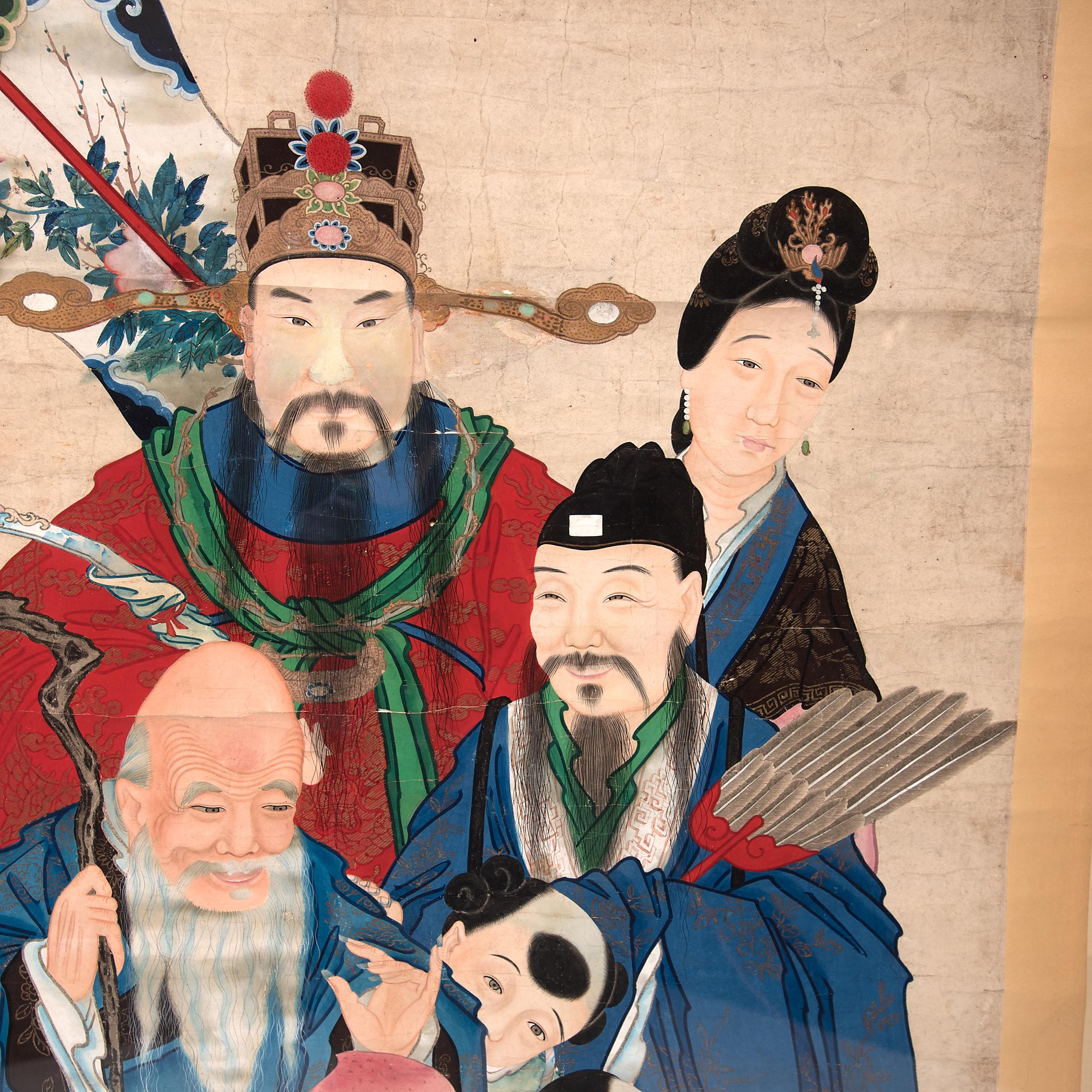 In celebration of the lunar New Year festival, it was traditional all over China to hang special decorations. In a city called Wuqiang, local artists made lacquer scroll paintings laden with symbolism. This framed and finely rendered early 20th