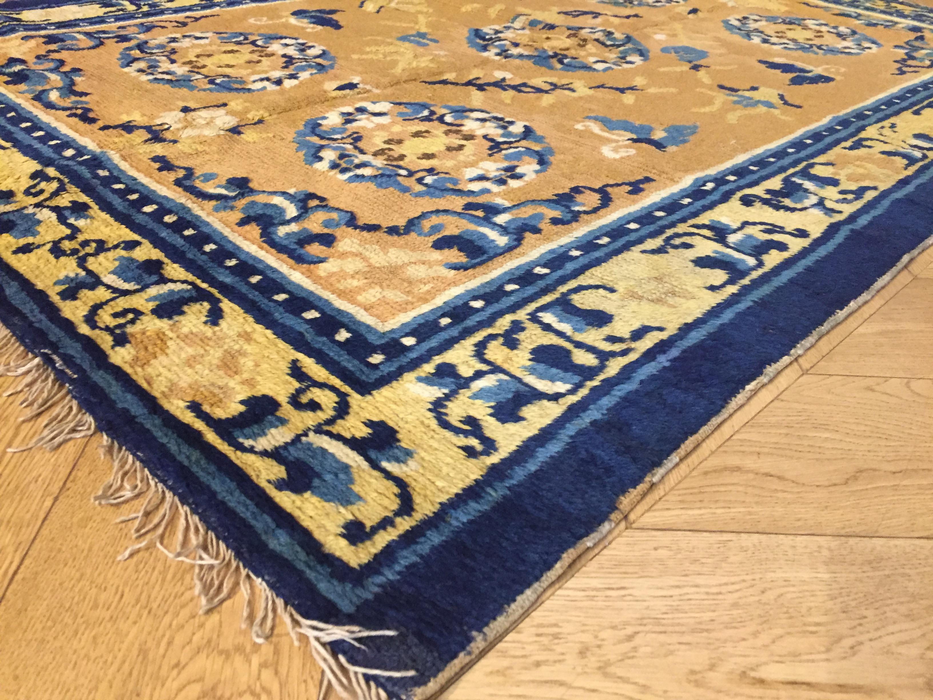19th Century Chinese Ninxia Ocher Yellow Rug Fine Hand Knotted, Cotton and Wool For Sale 5