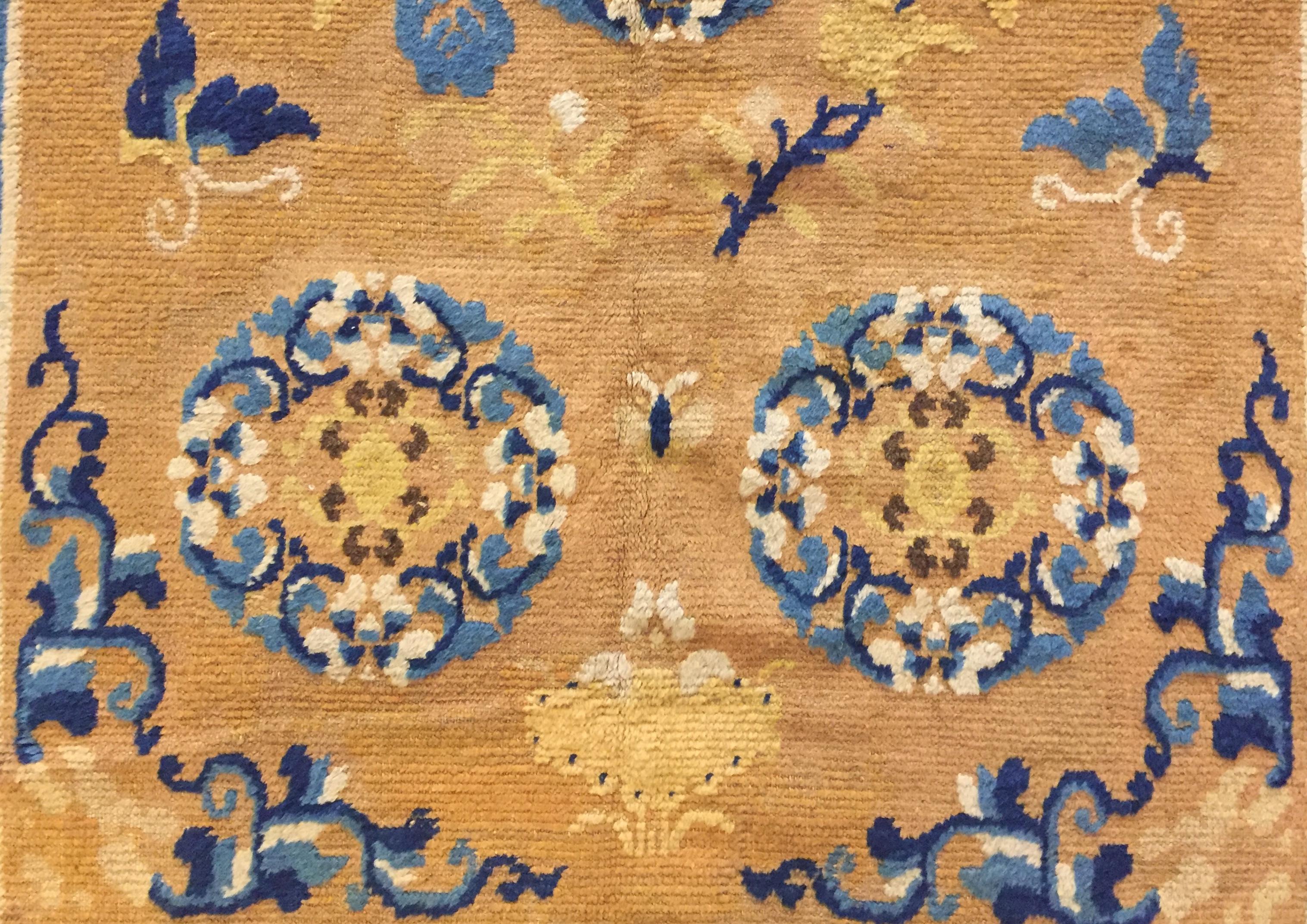 19th Century Chinese Ninxia Ocher Yellow Rug Fine Hand Knotted, Cotton and Wool For Sale 6