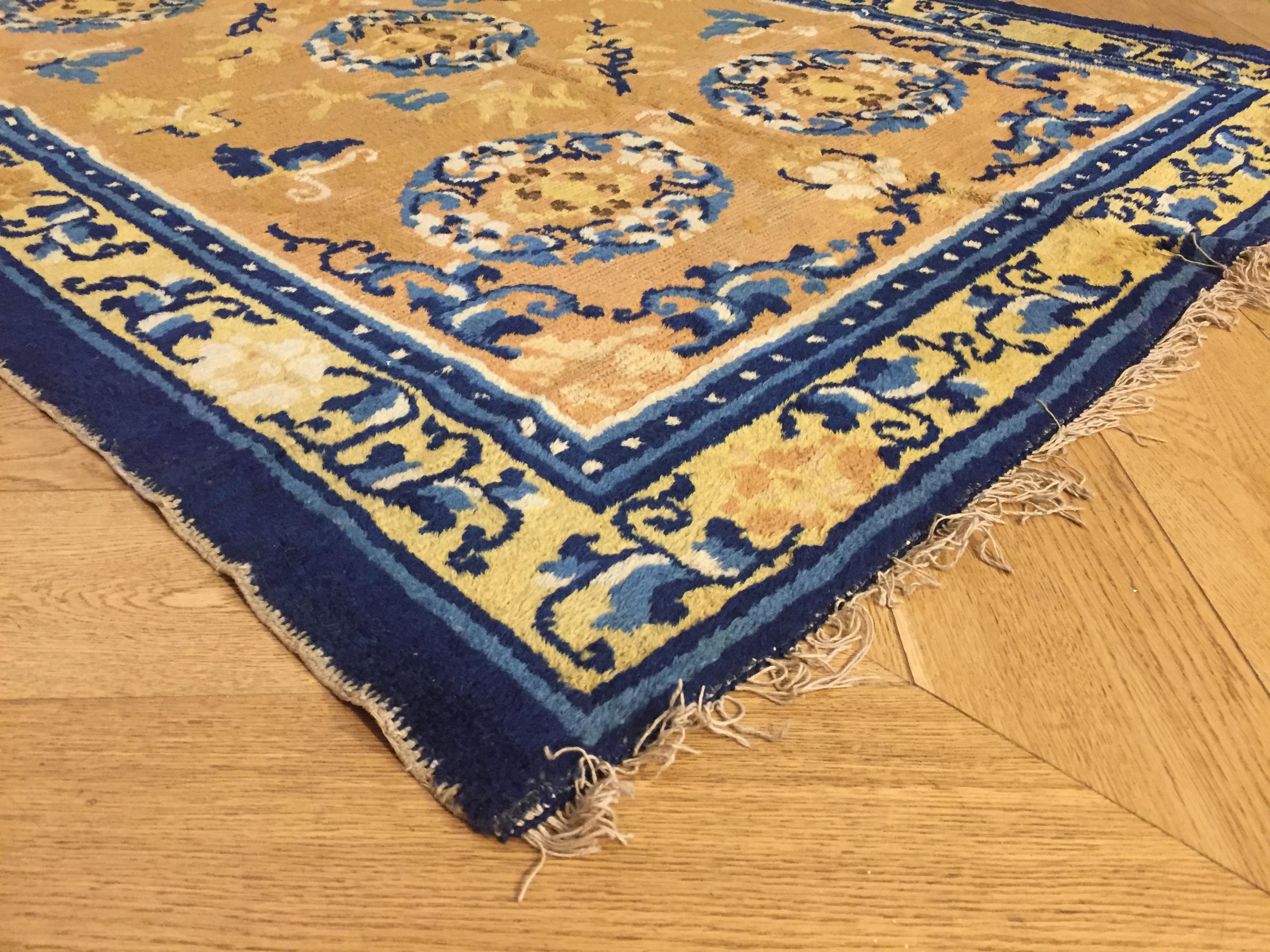 19th Century Chinese Ninxia Ocher Yellow Rug Fine Hand Knotted, Cotton and Wool For Sale 7