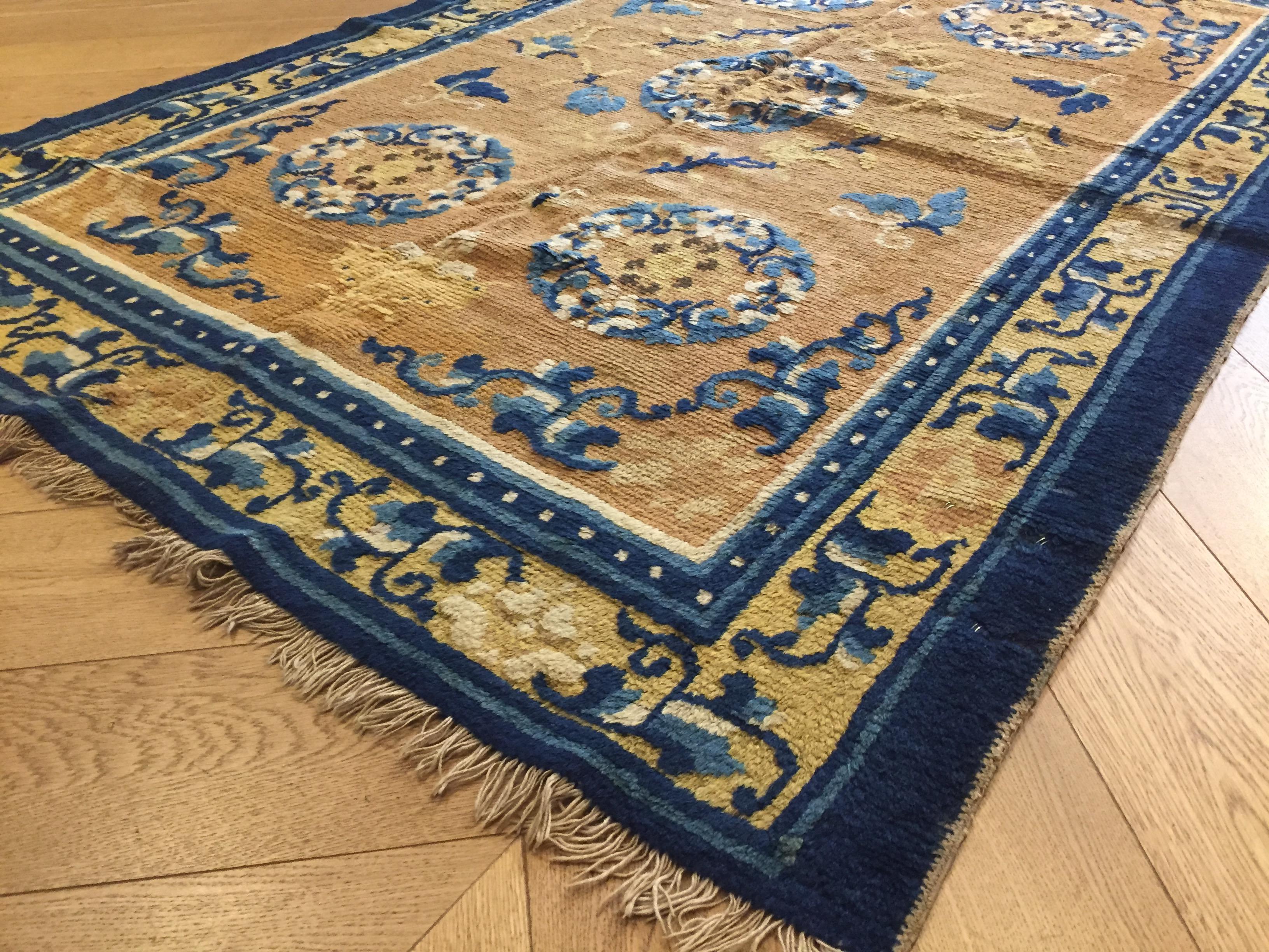 19th Century Chinese Ninxia Ocher Yellow Rug Fine Hand Knotted, Cotton and Wool For Sale 8