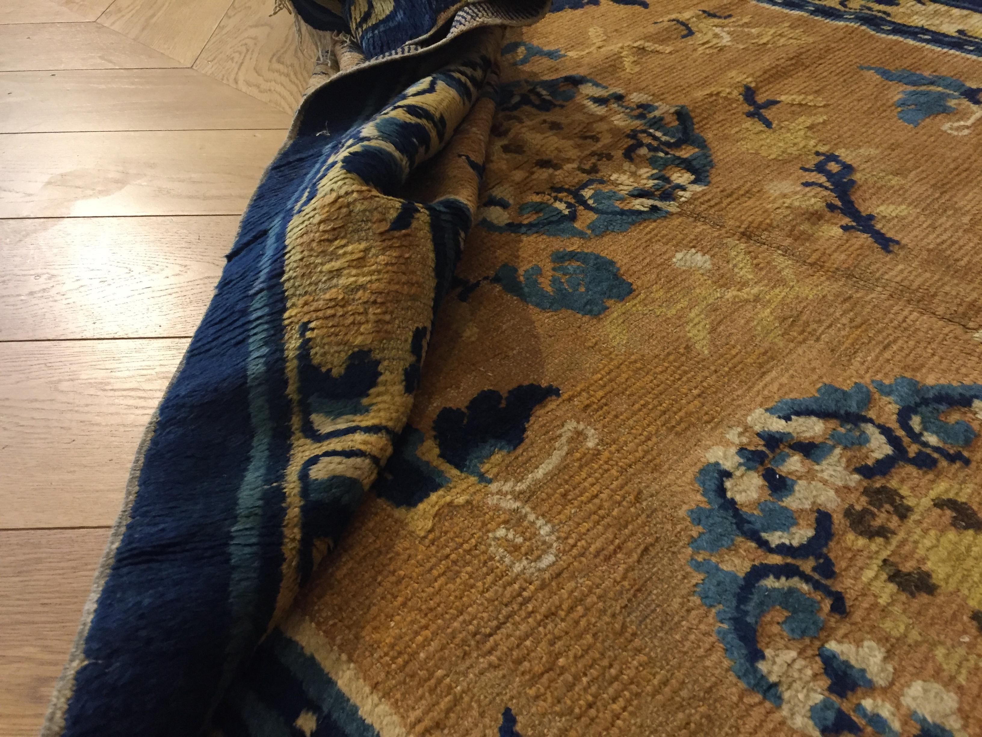 Tapis chinois Ninxia jaune ocre du 19e siècle finement noué à la main, coton et laine en vente 7