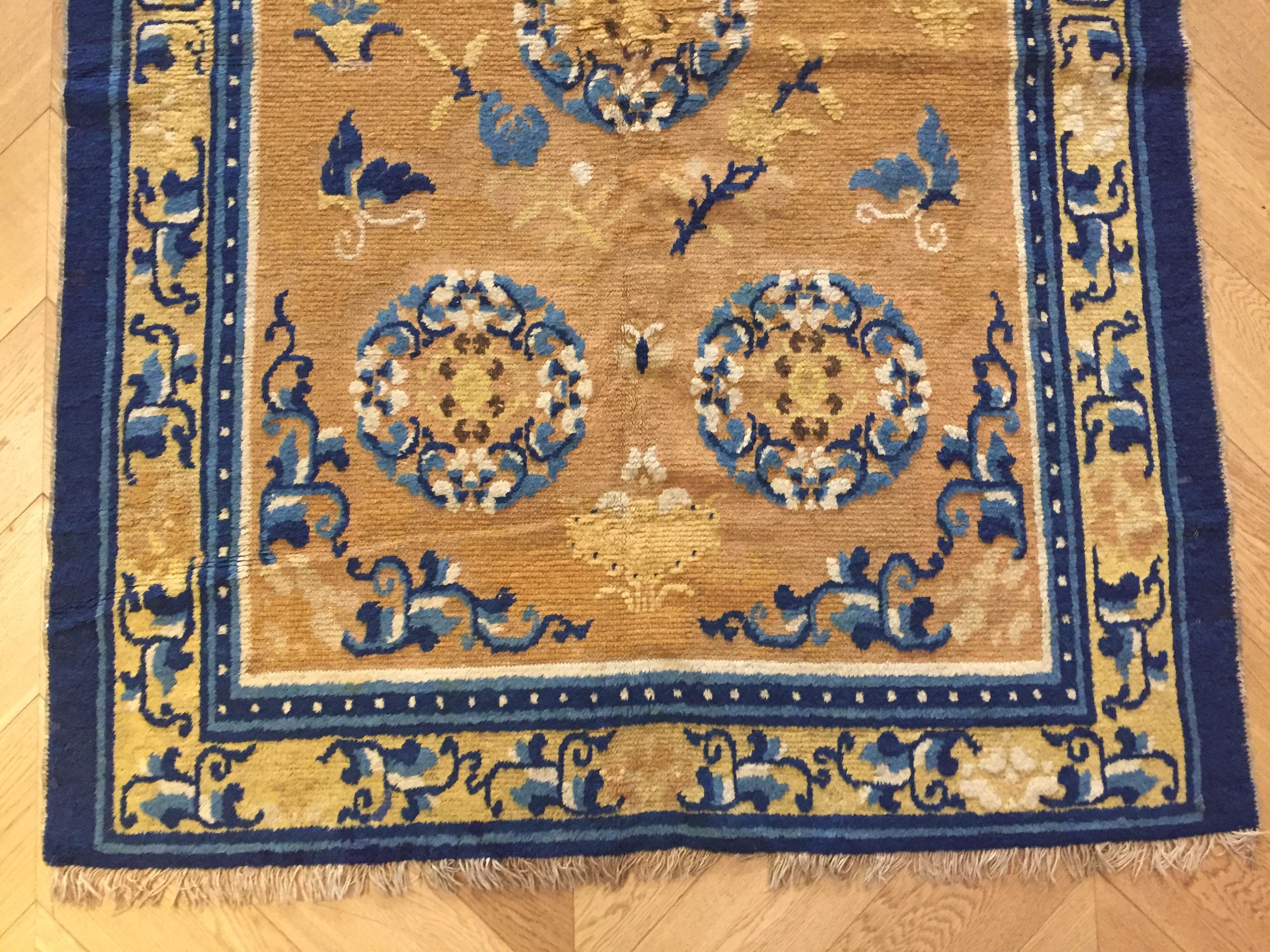 Chinoiserie 19th Century Chinese Ninxia Ocher Yellow Rug Fine Hand Knotted, Cotton and Wool For Sale