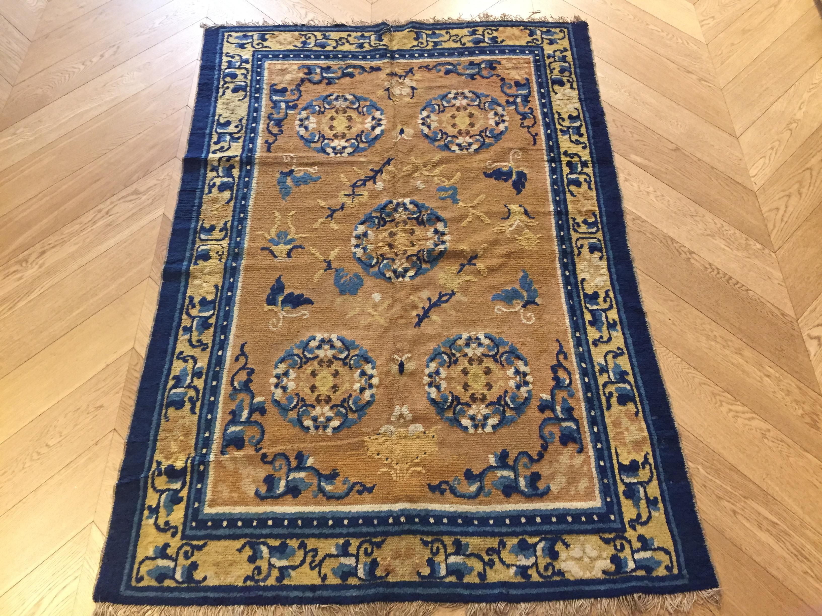 Hand-Knotted 19th Century Chinese Ninxia Ocher Yellow Rug Fine Hand Knotted, Cotton and Wool For Sale