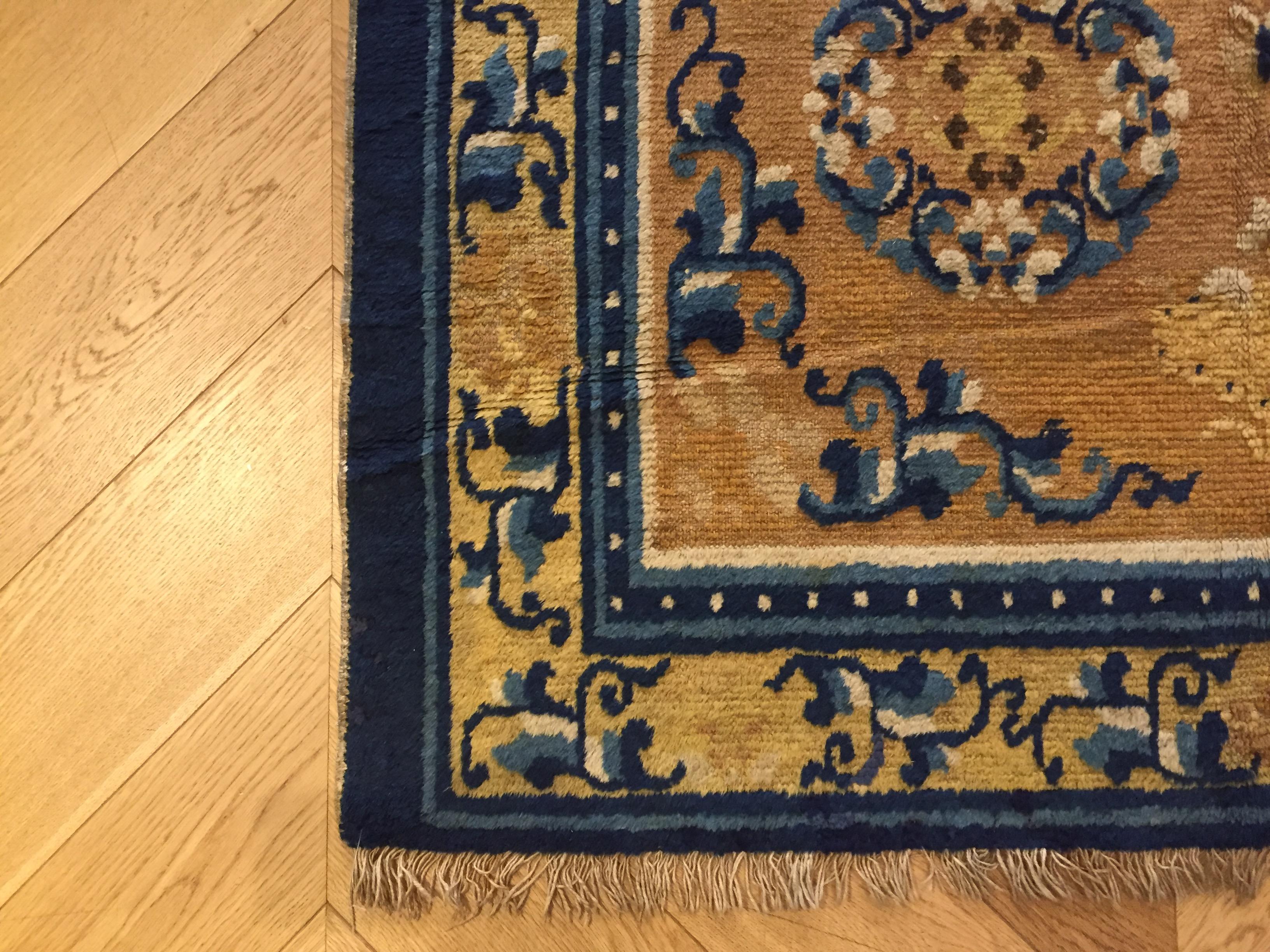 19th Century Chinese Ninxia Ocher Yellow Rug Fine Hand Knotted, Cotton and Wool For Sale 1