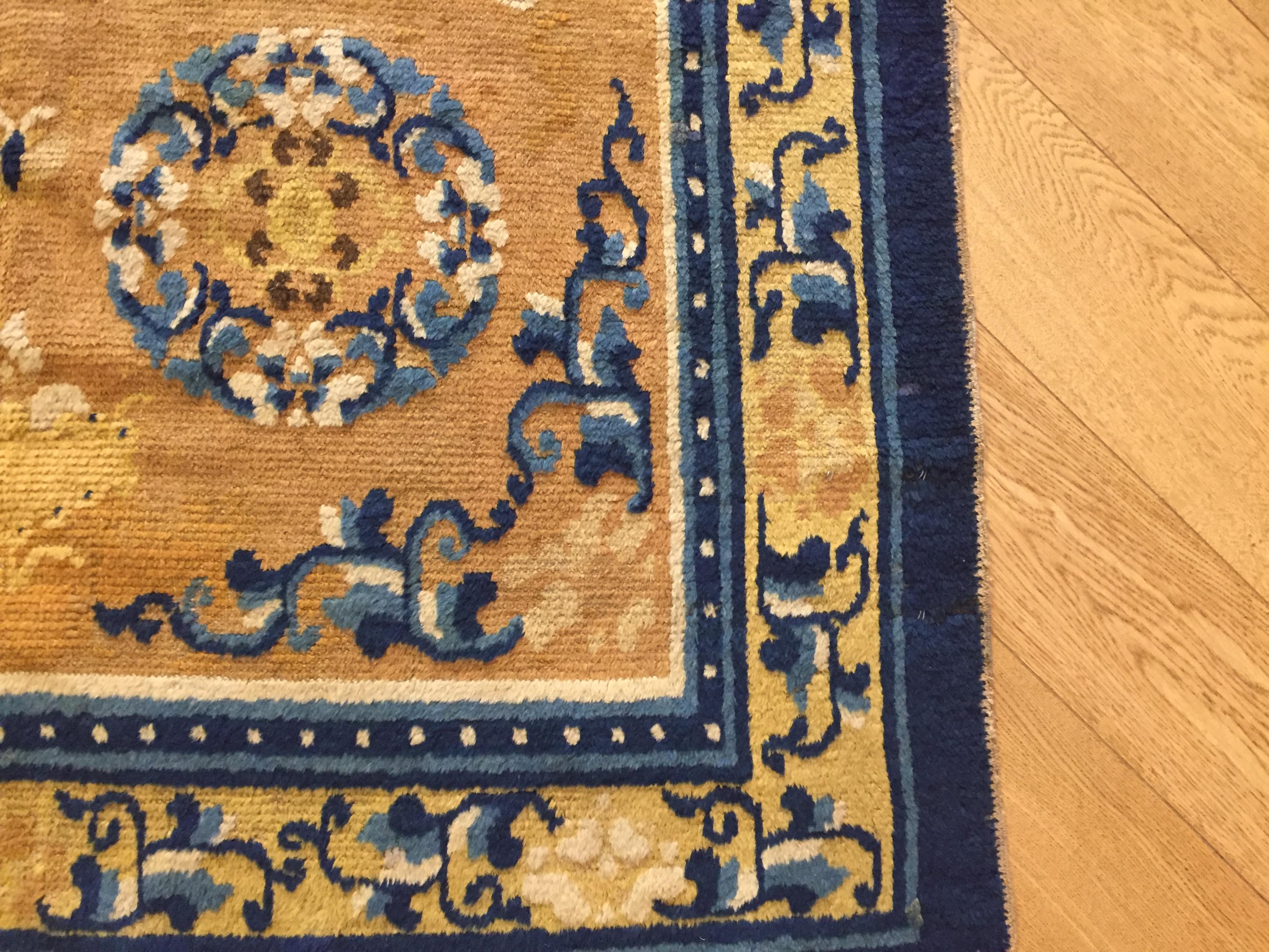 19th Century Chinese Ninxia Ocher Yellow Rug Fine Hand Knotted, Cotton and Wool For Sale 2