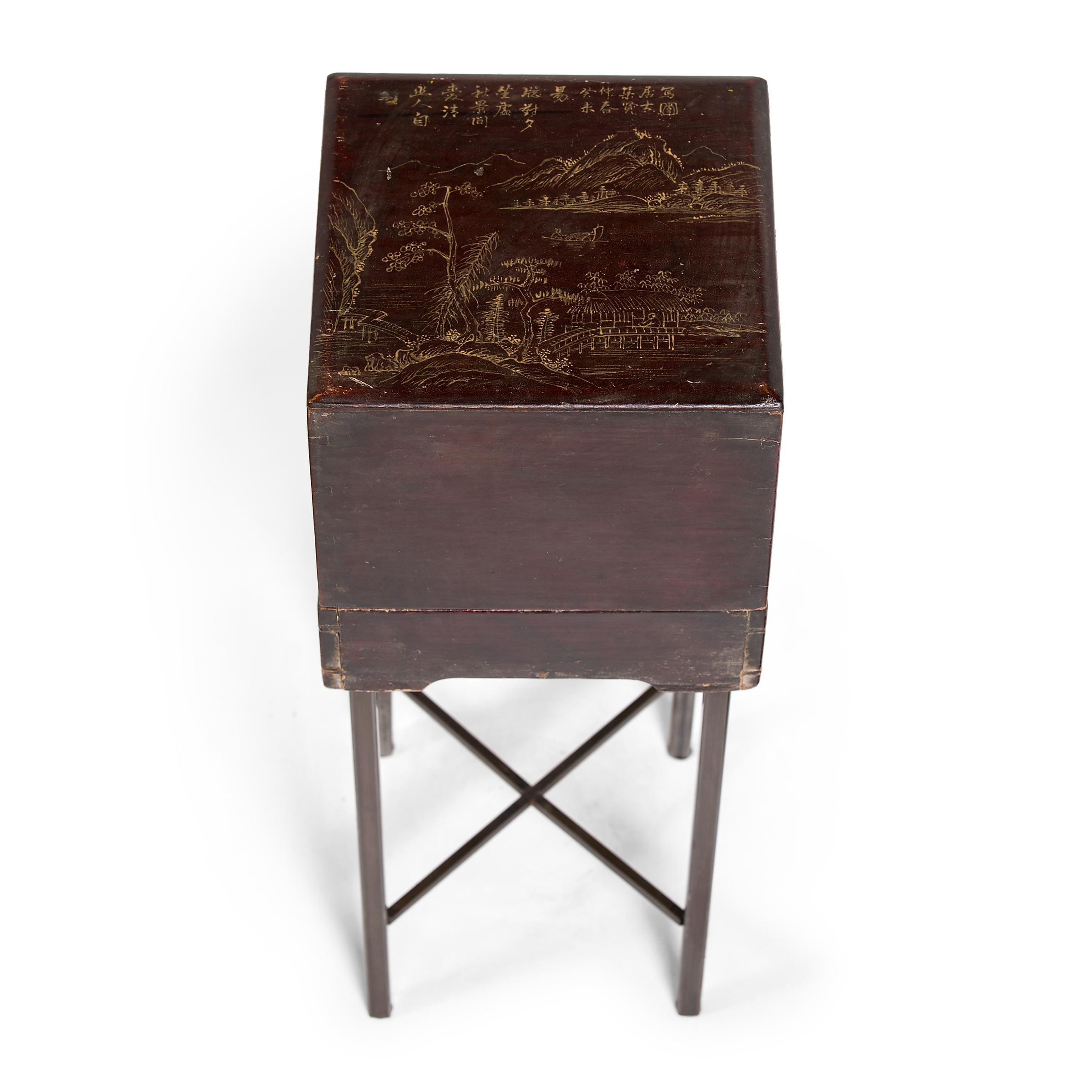 This 19th-century square box was once used by a Qing-dynasty official to elegantly store his calligraphy ink and custom seal. Previously an esteemed military officer, the official would have retired into the more contemplative occupation of a poet