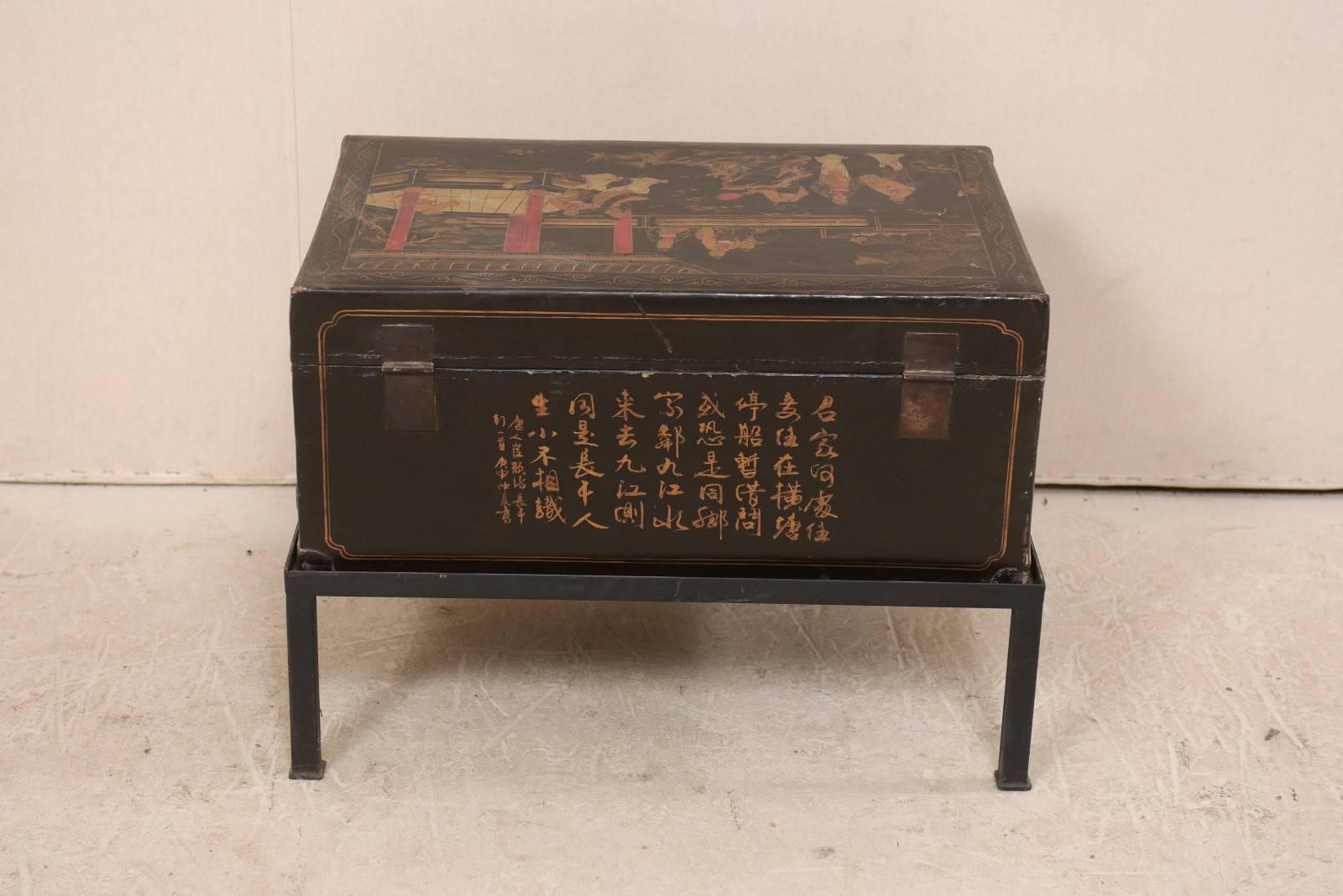 19th Century Chinese Painted Leather Trunk Made Unique Table with Custom Base 5