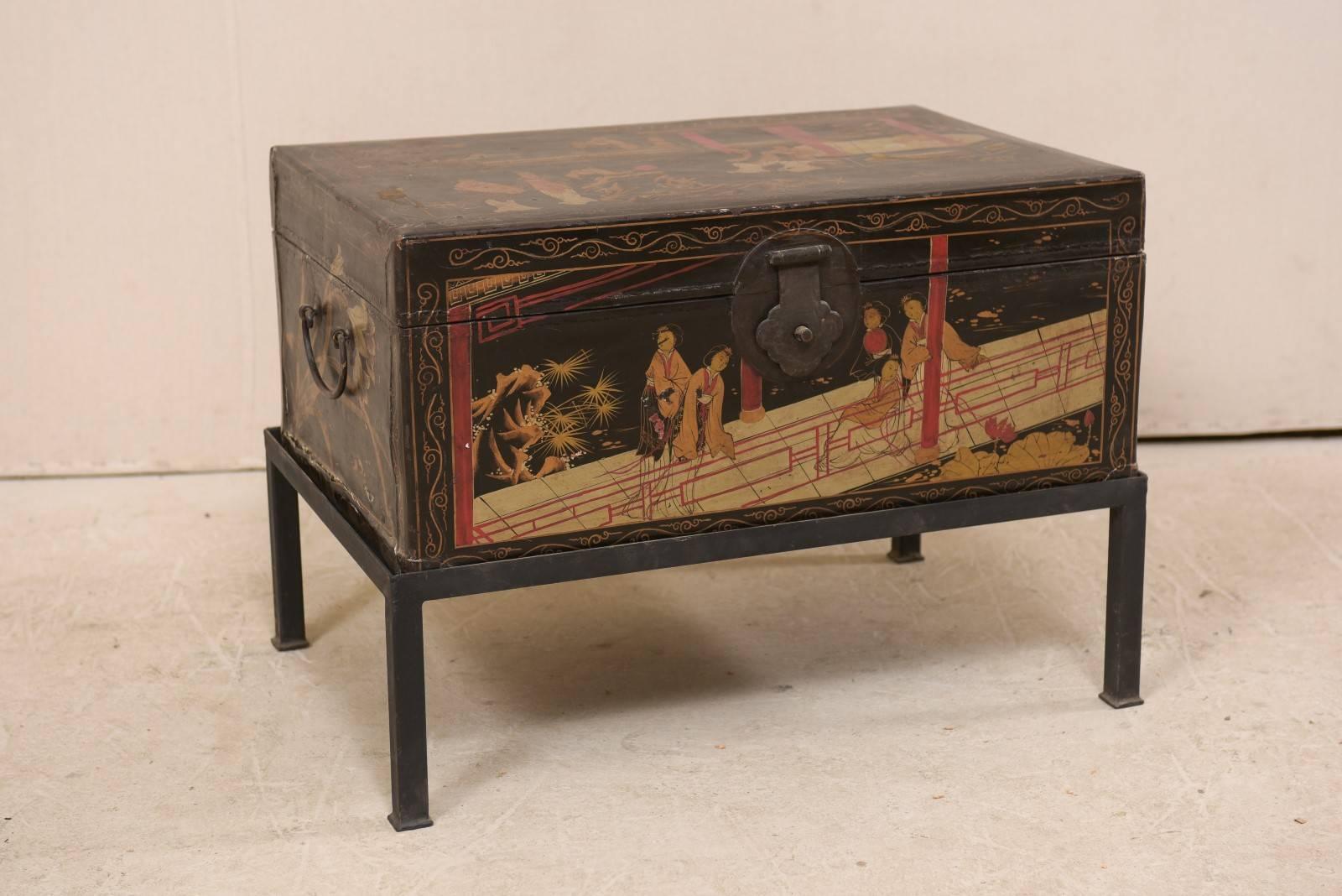 Patinated 19th Century Chinese Painted Leather Trunk Made Unique Table with Custom Base
