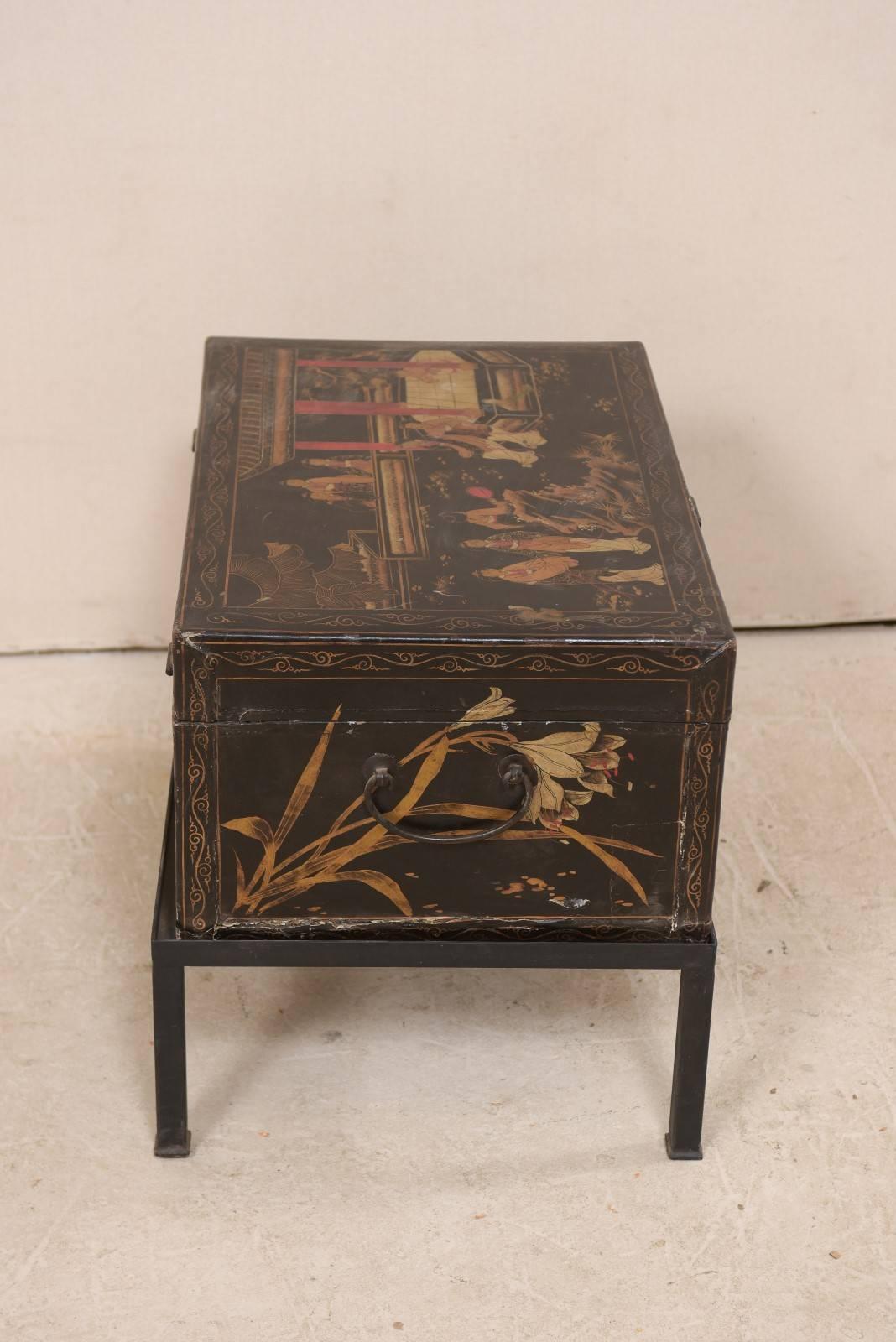 19th Century Chinese Painted Leather Trunk Made Unique Table with Custom Base In Good Condition In Atlanta, GA