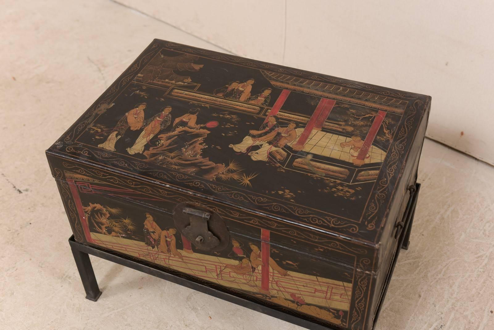 Metal 19th Century Chinese Painted Leather Trunk Made Unique Table with Custom Base