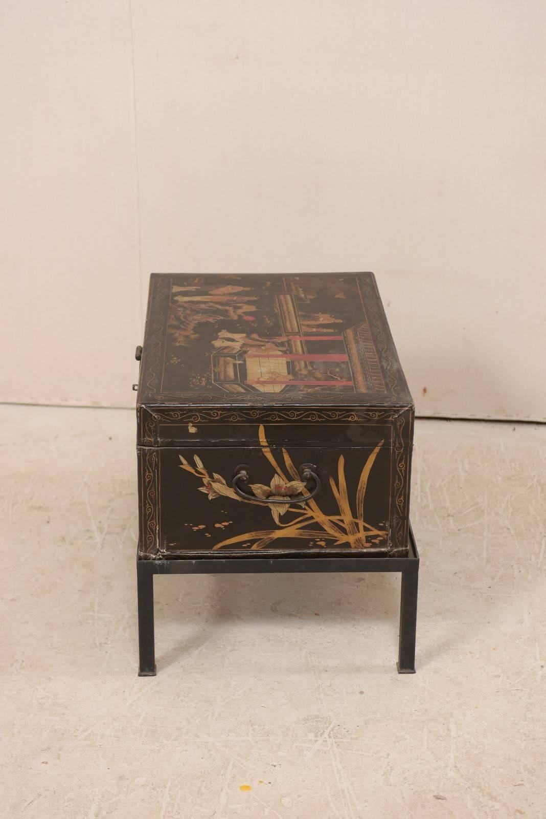 19th Century Chinese Painted Leather Trunk Made Unique Table with Custom Base 1