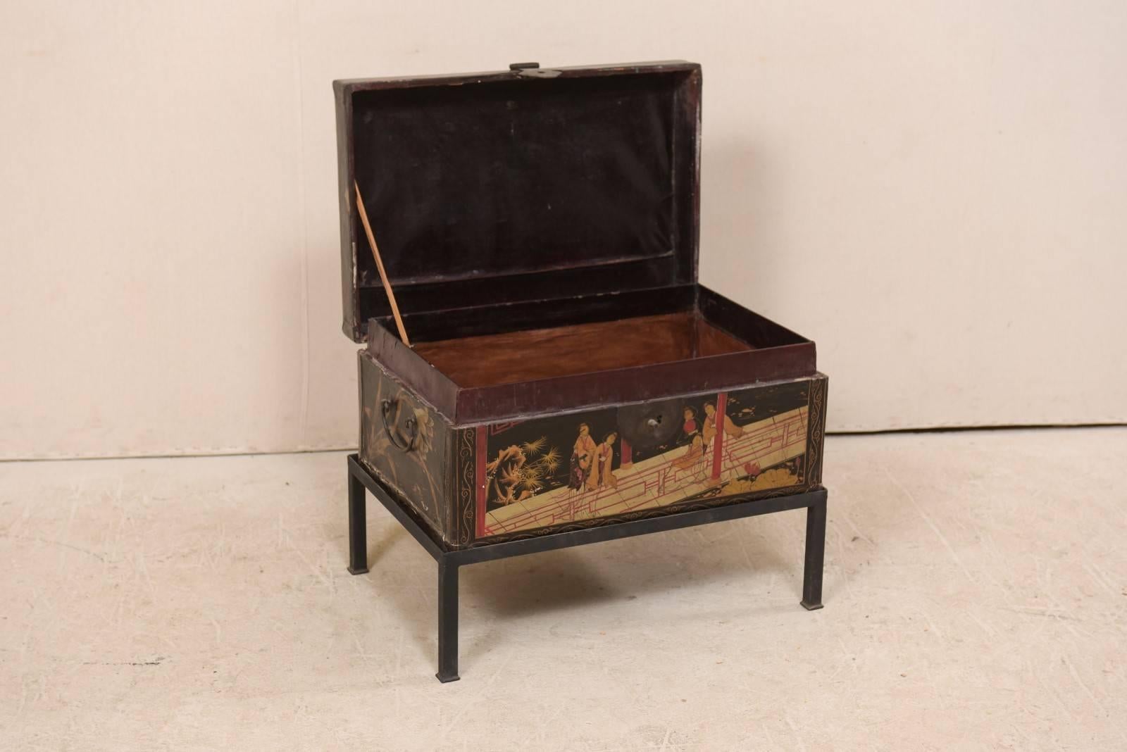 19th Century Chinese Painted Leather Trunk Made Unique Table with Custom Base 2