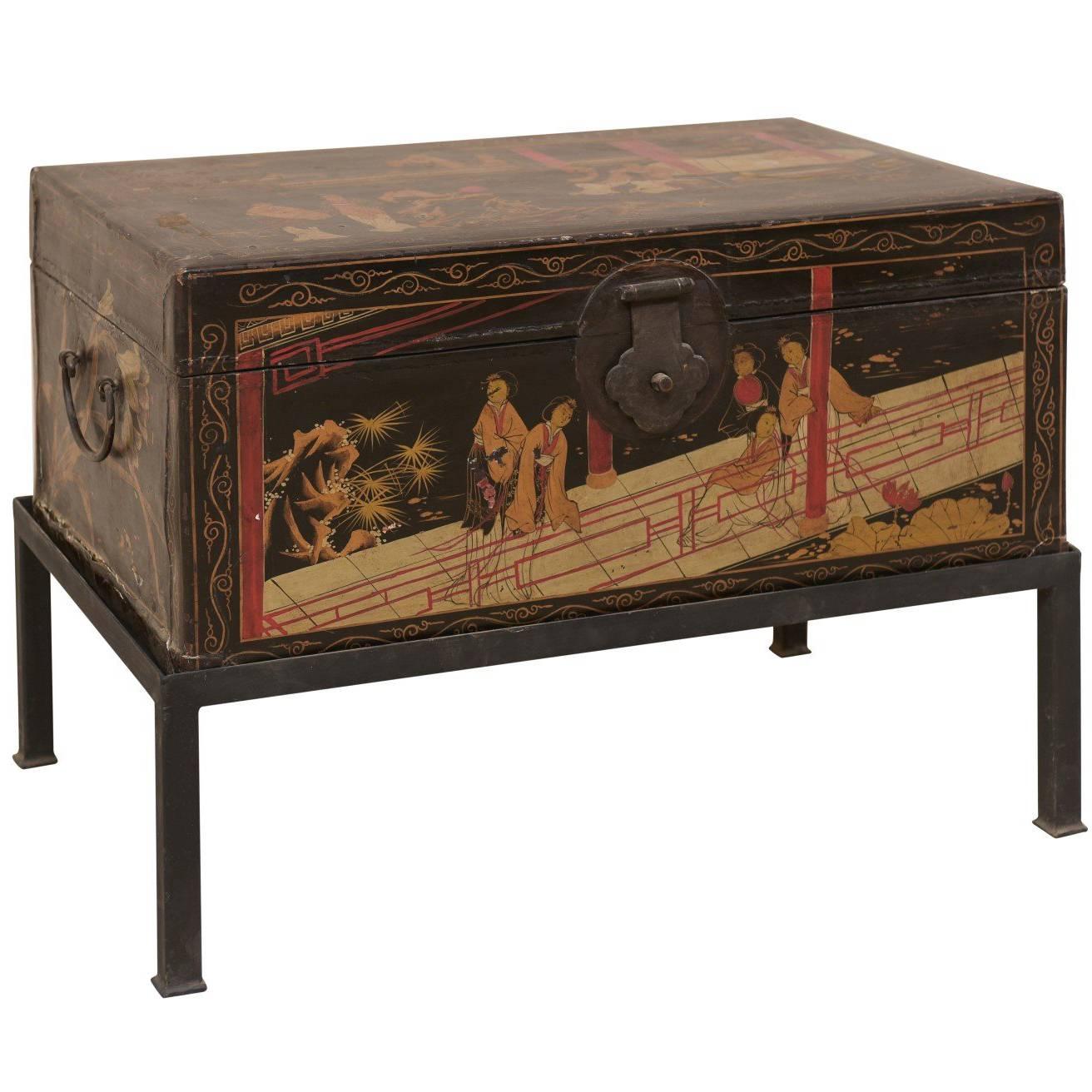 19th Century Chinese Painted Leather Trunk Made Unique Table with Custom Base