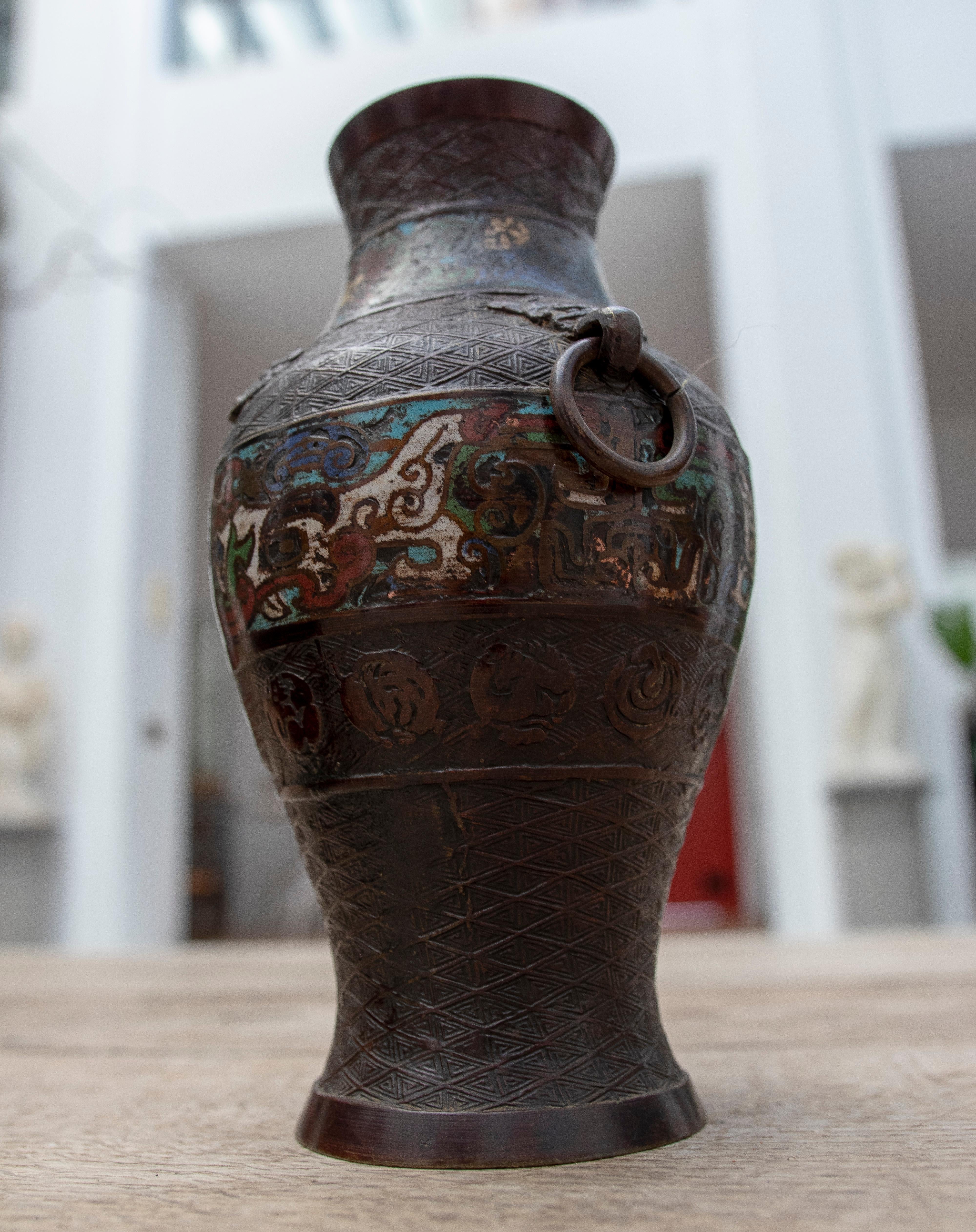 19th Century Chinese Pair of Bronze Vases with Cloissoné Technique For Sale 6
