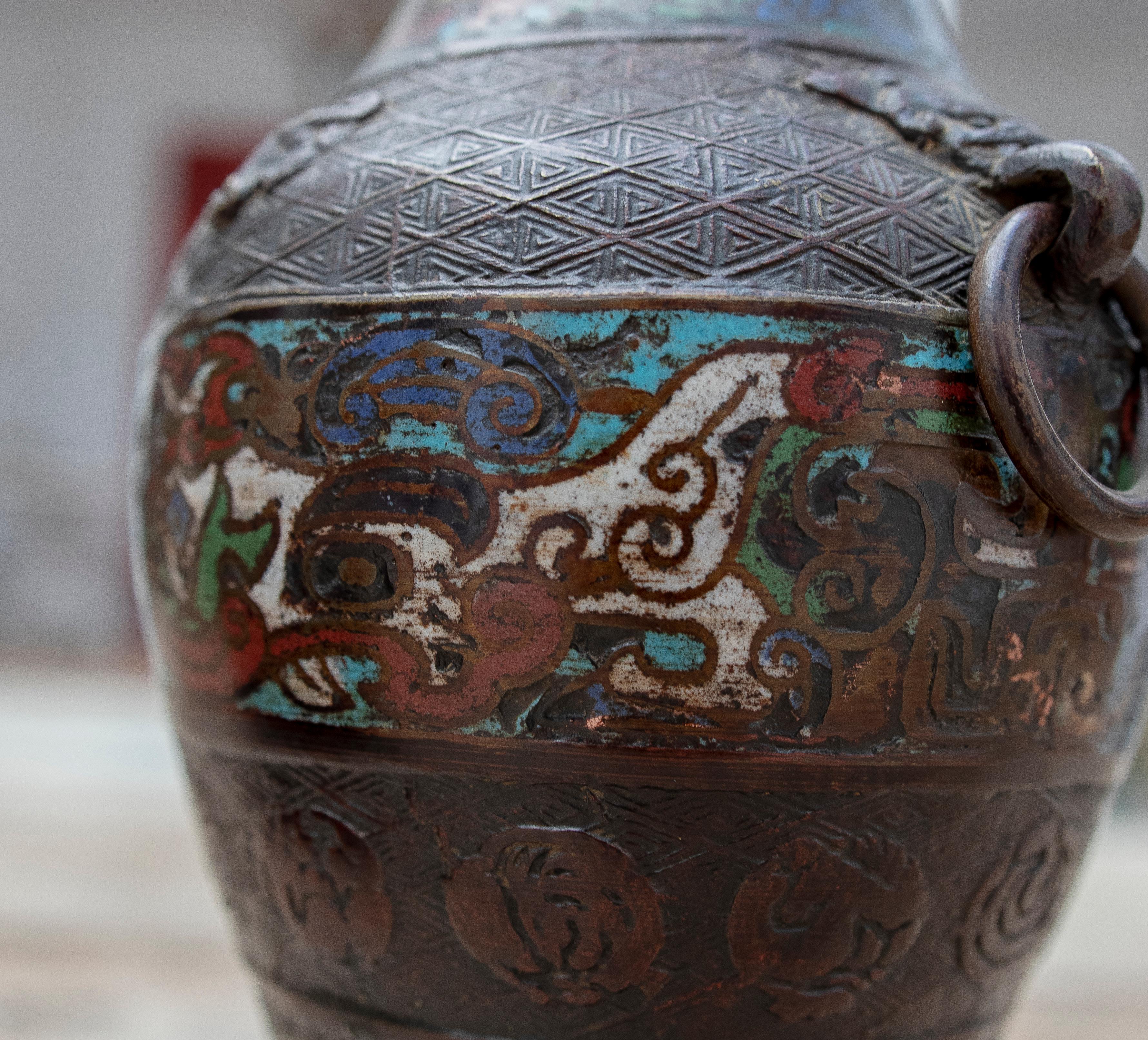 19th Century Chinese Pair of Bronze Vases with Cloissoné Technique For Sale 7