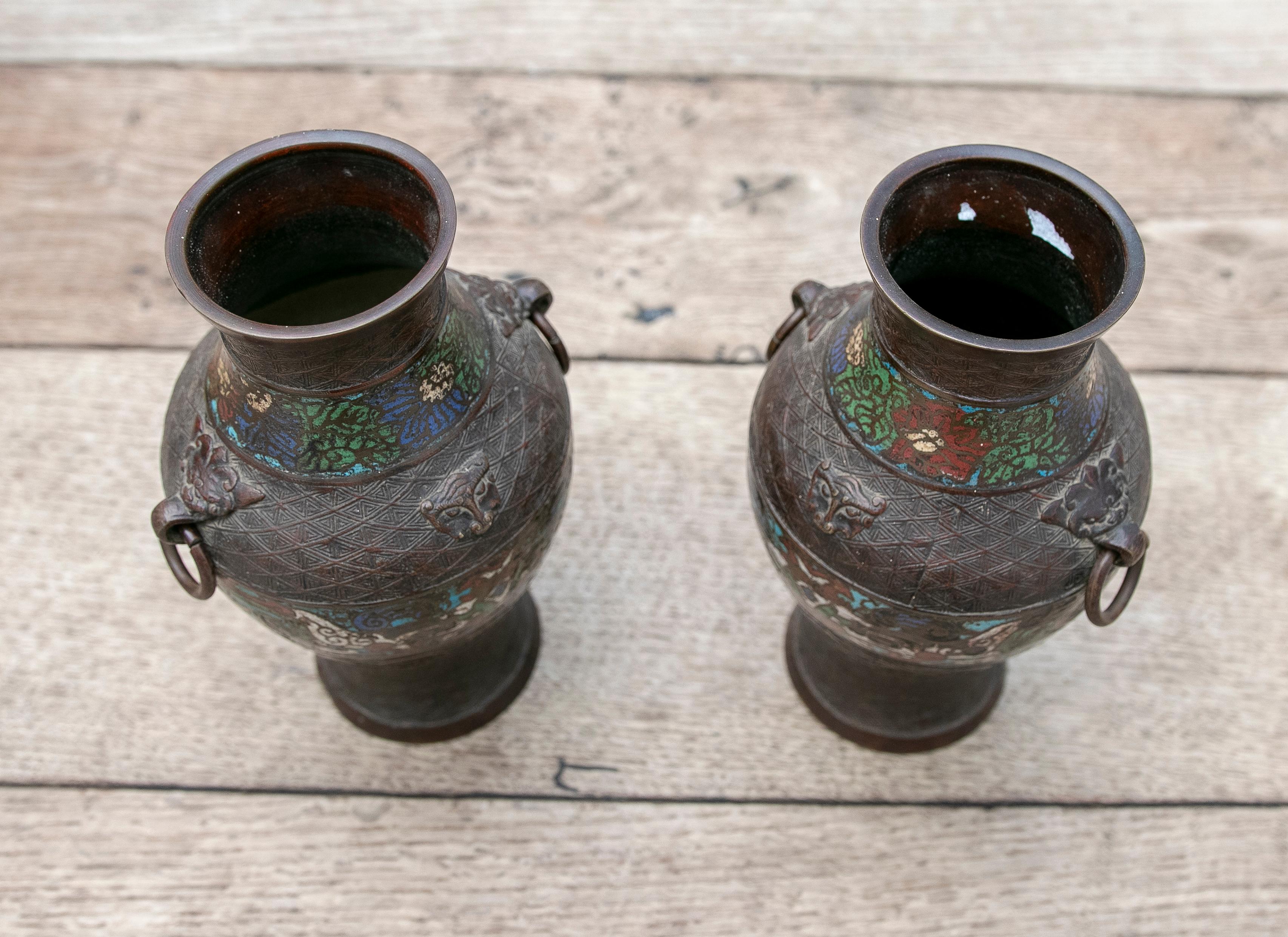 19th Century Chinese Pair of Bronze Vases with Cloissoné Technique For Sale 13