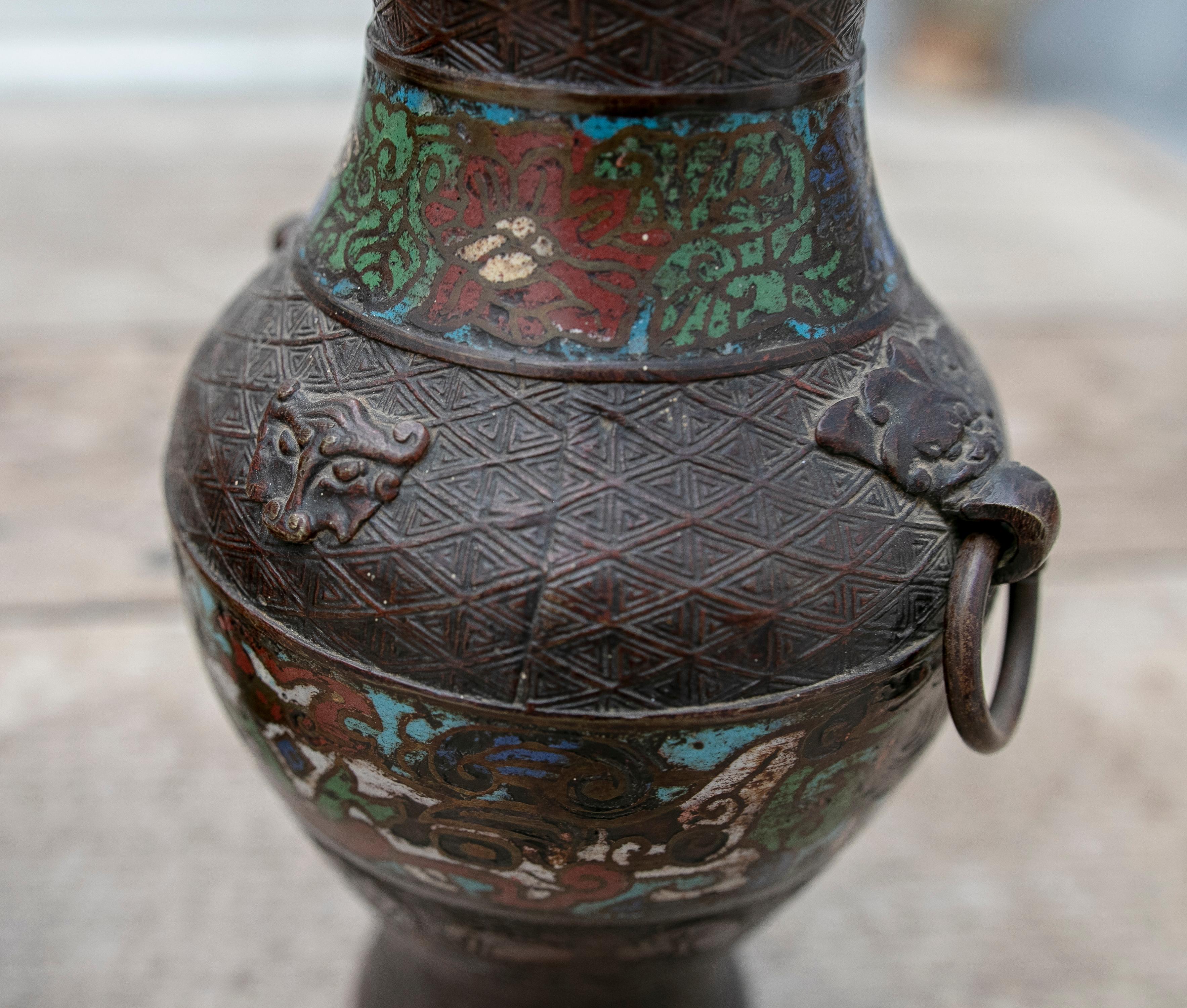 19th Century Chinese Pair of Bronze Vases with Cloissoné Technique For Sale 14