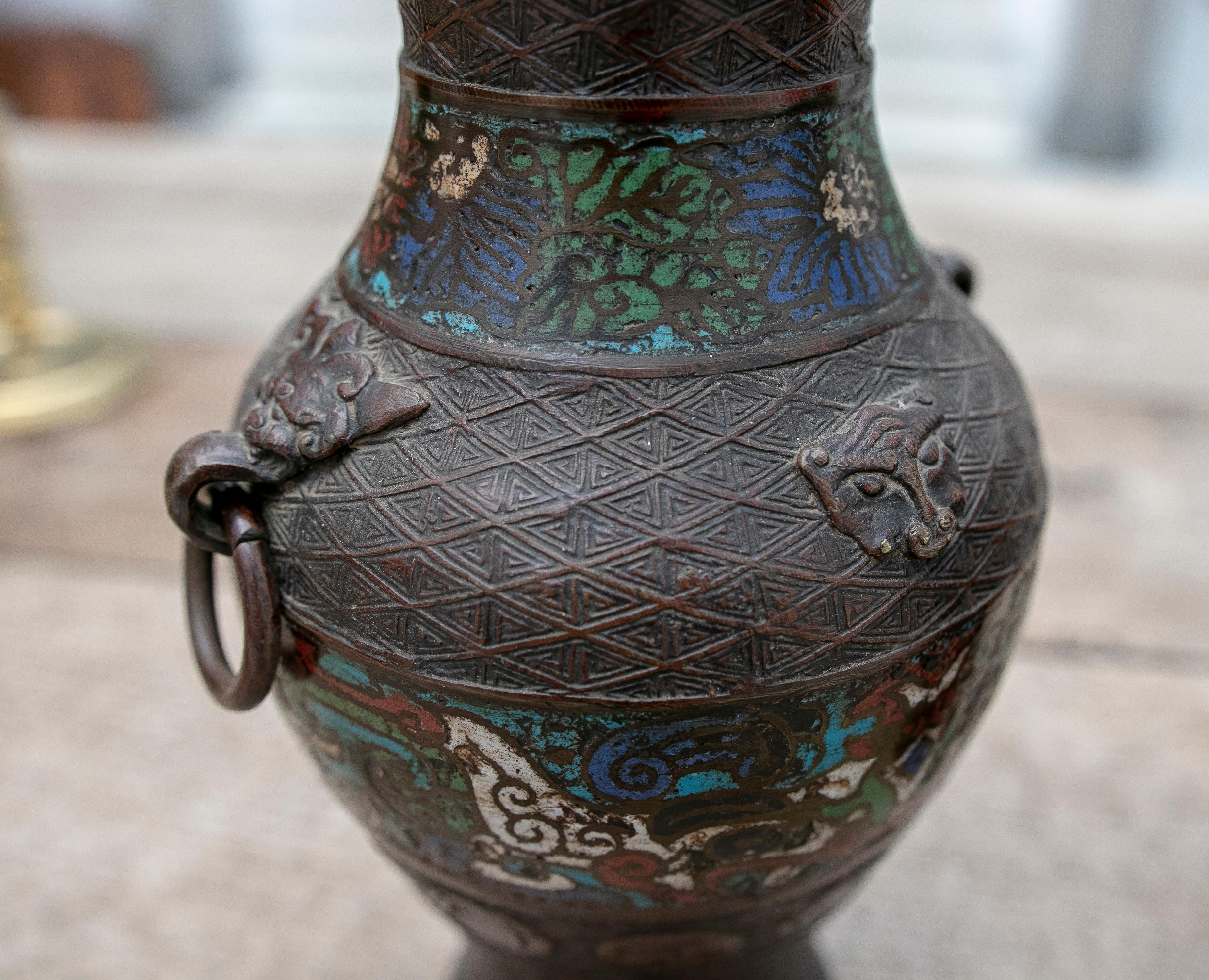 19th Century Chinese Pair of Bronze Vases with Cloissoné Technique For Sale 15