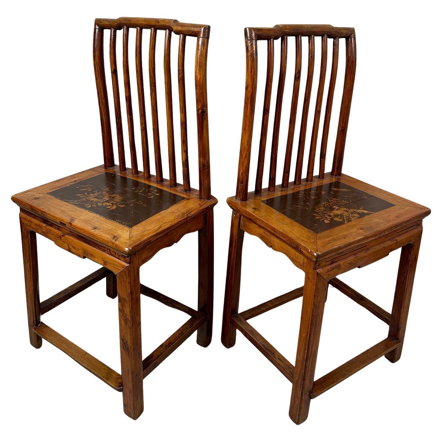 19th century Chinese Pair of Laquered Elm Chairs, 1890s