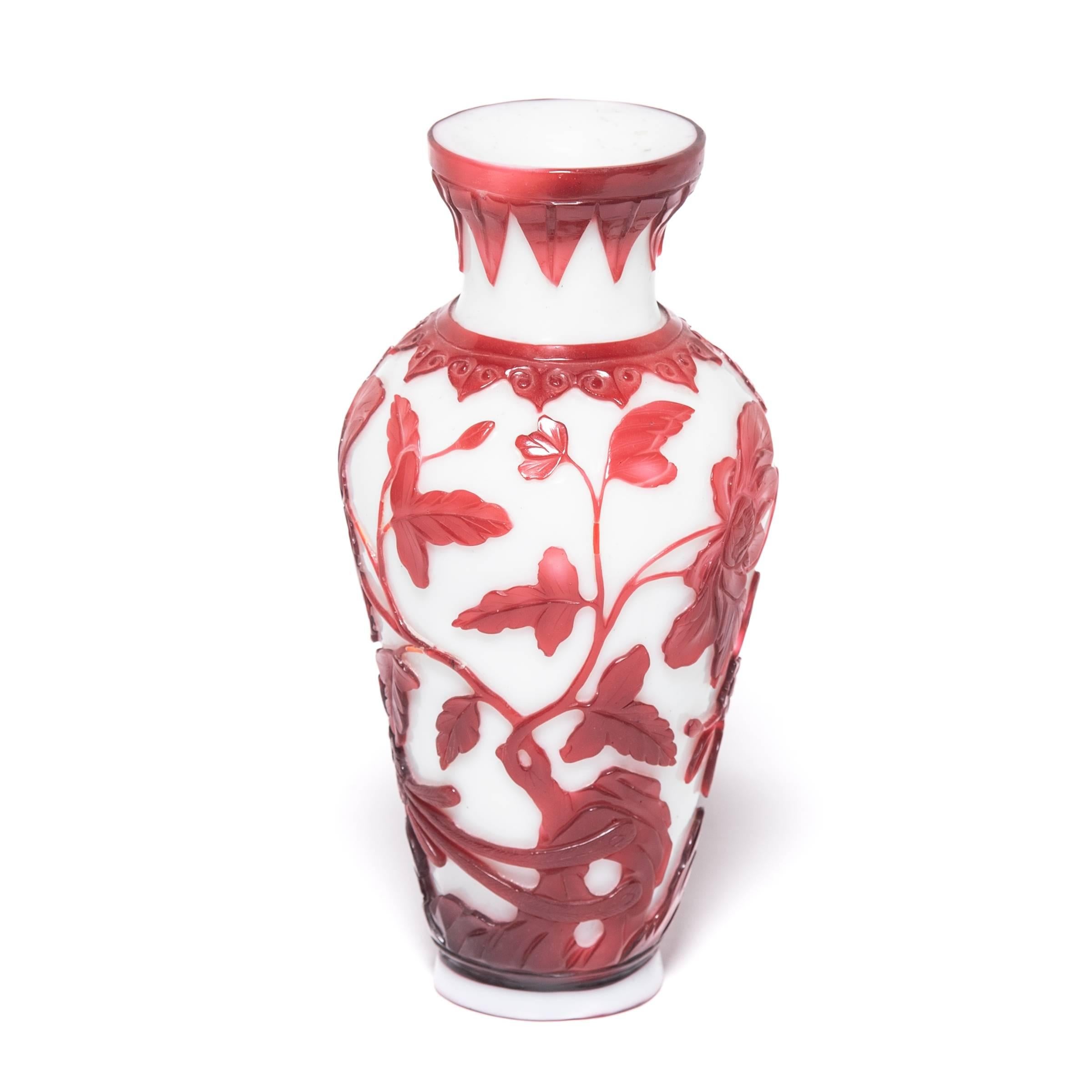 Although practiced for centuries, Chinese glass-making came into prominence during the Qing dynasty with the introduction of Peking glass. Adapting European technologies, workshops in the Imperial Palace began creating layered and intricately-carved