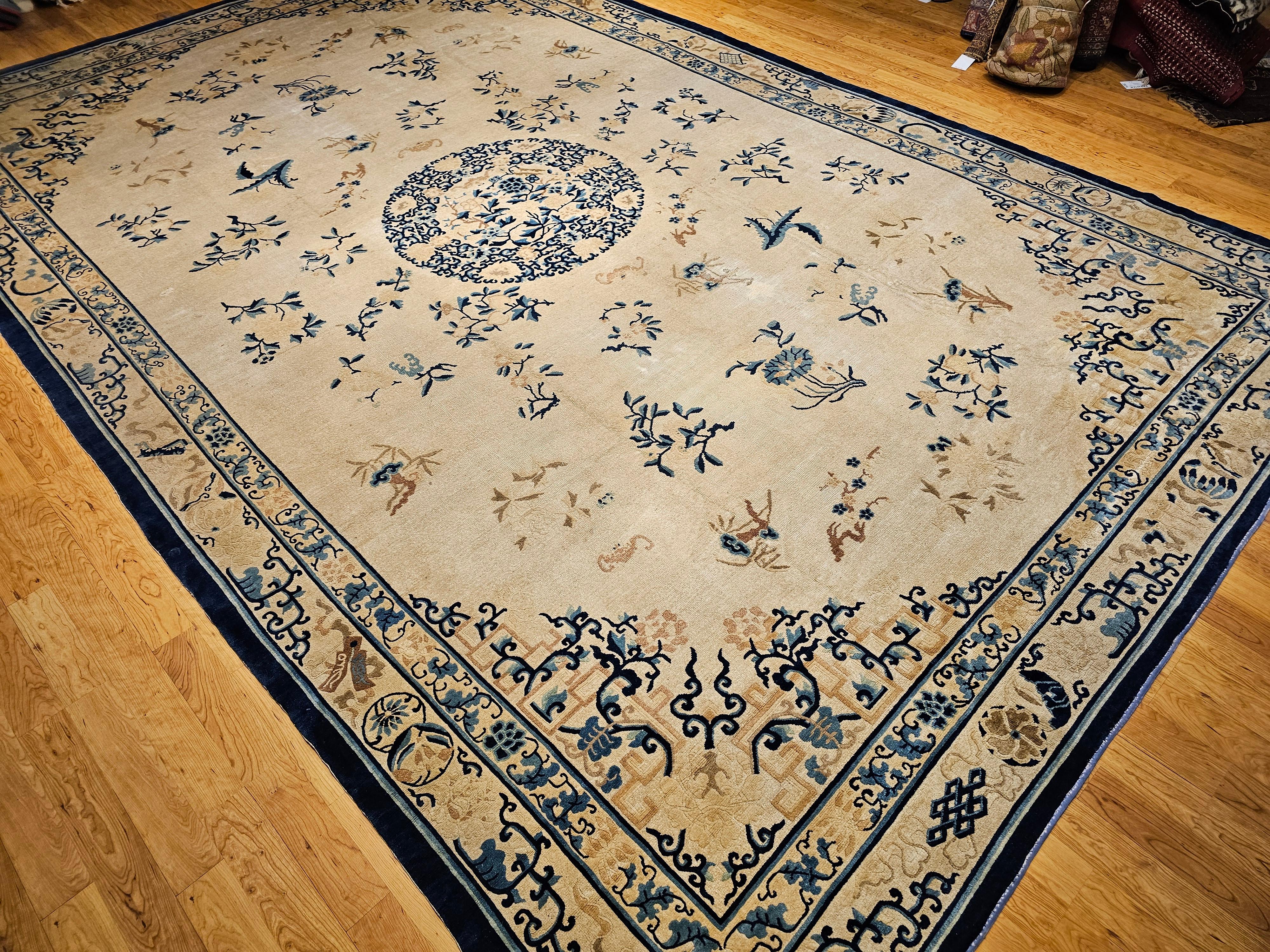 Oversized 19th Century Chinese Peking Rug in Ivory, Blue, Navy, Green For Sale 8