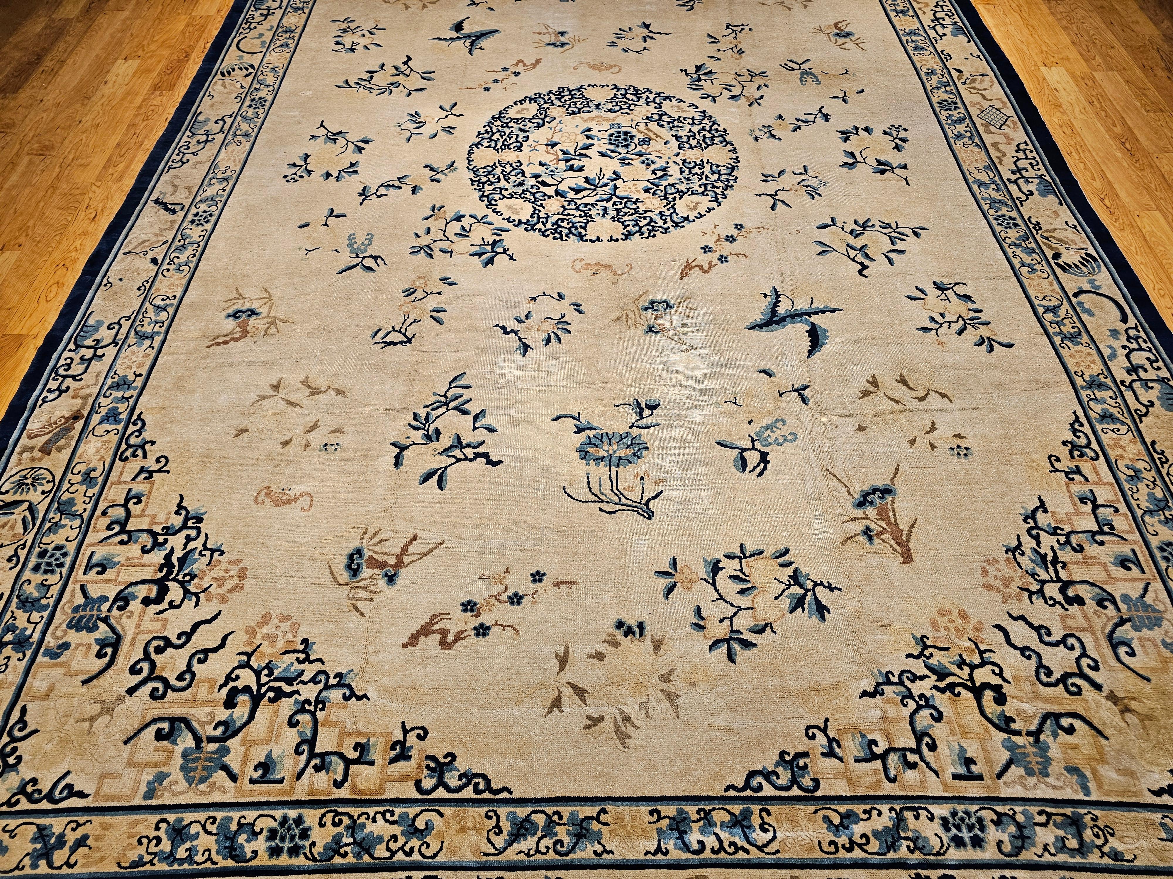 Oversized 19th Century Chinese Peking Rug in Ivory, Blue, Navy, Green For Sale 9