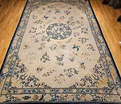 Oversized 19th Century Chinese Peking Rug in Ivory, Blue, Navy, Green