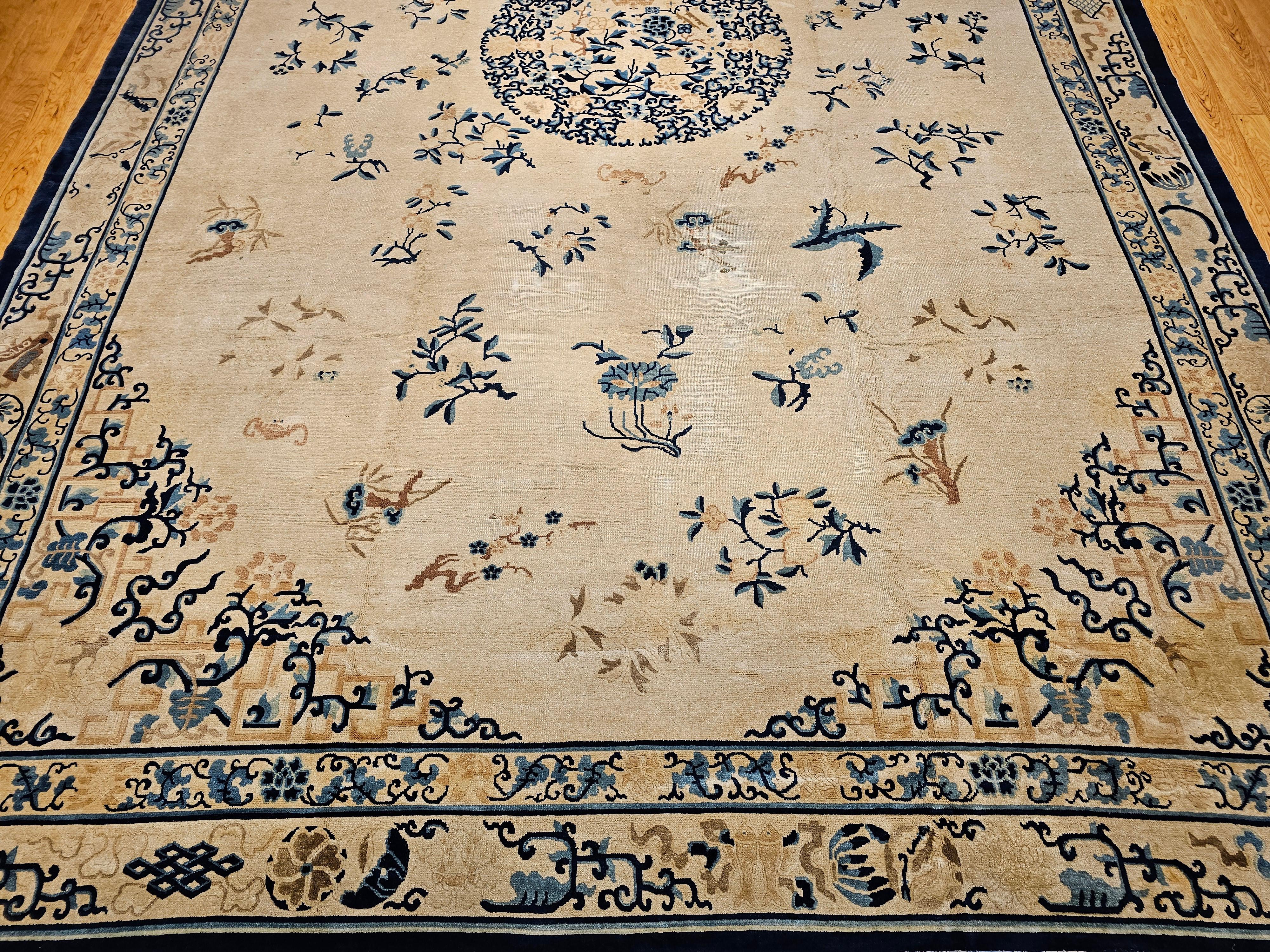 Hand-Woven Oversized 19th Century Chinese Peking Rug in Ivory, Blue, Navy, Green For Sale