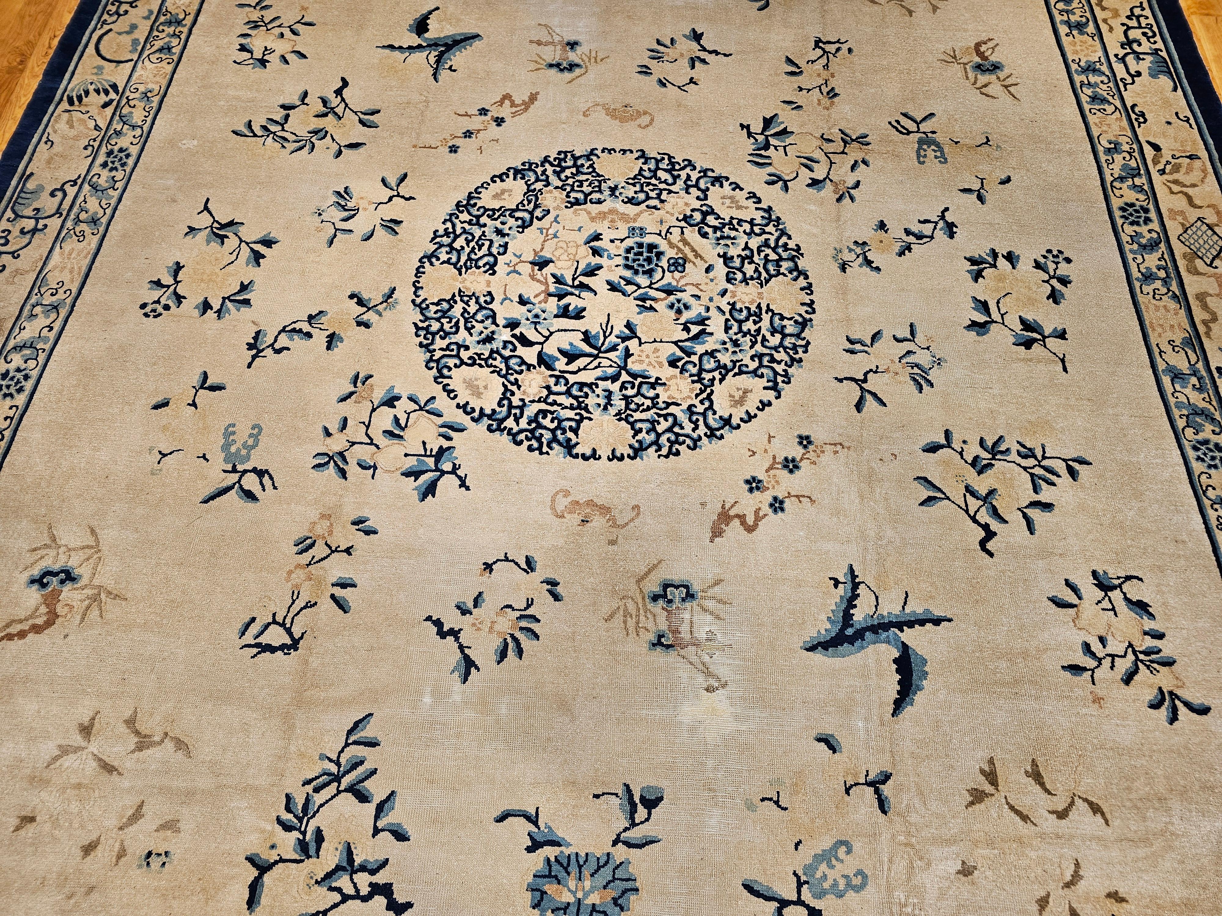 Oversized 19th Century Chinese Peking Rug in Ivory, Blue, Navy, Green In Good Condition For Sale In Barrington, IL