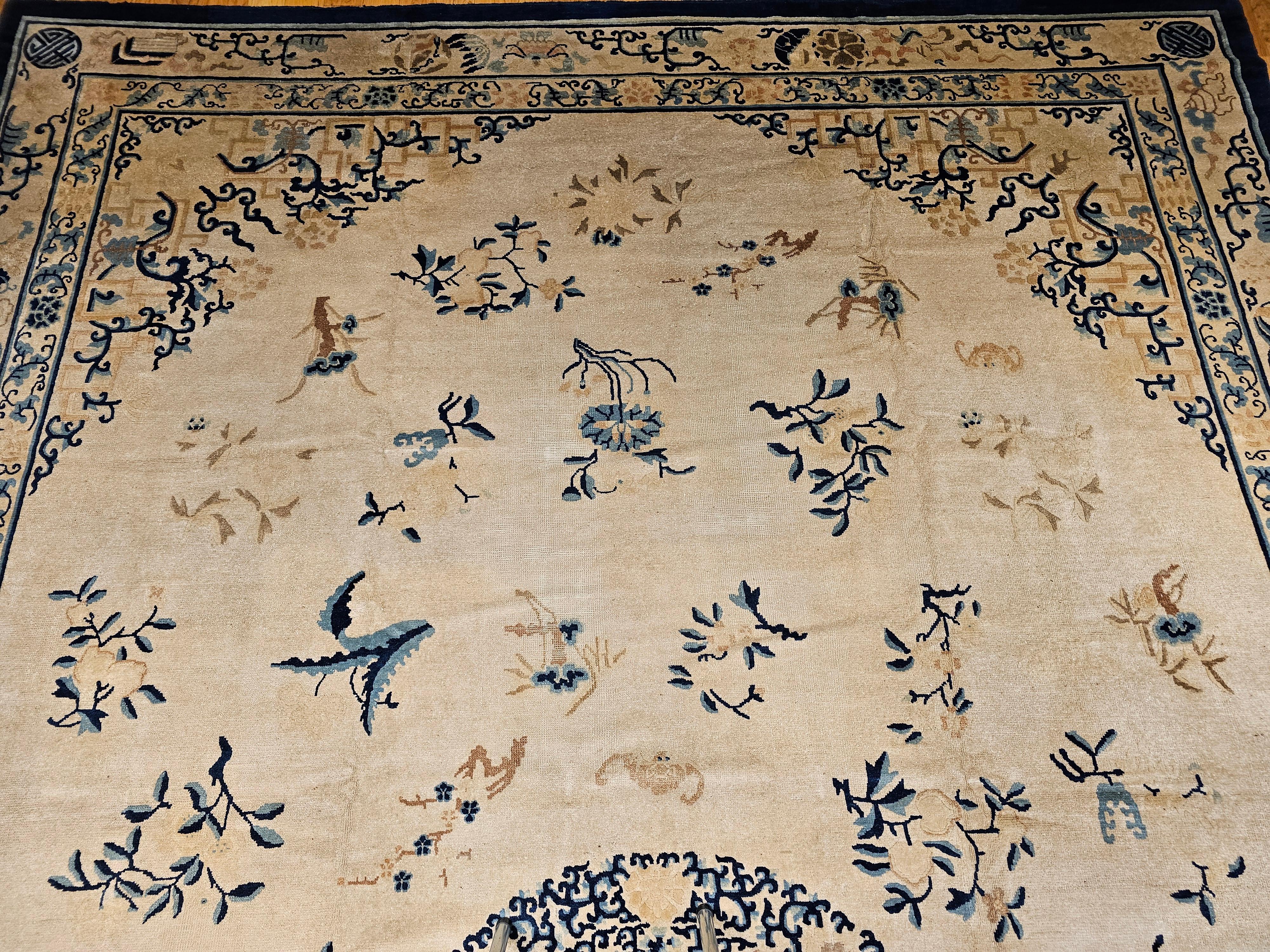 Wool Oversized 19th Century Chinese Peking Rug in Ivory, Blue, Navy, Green For Sale