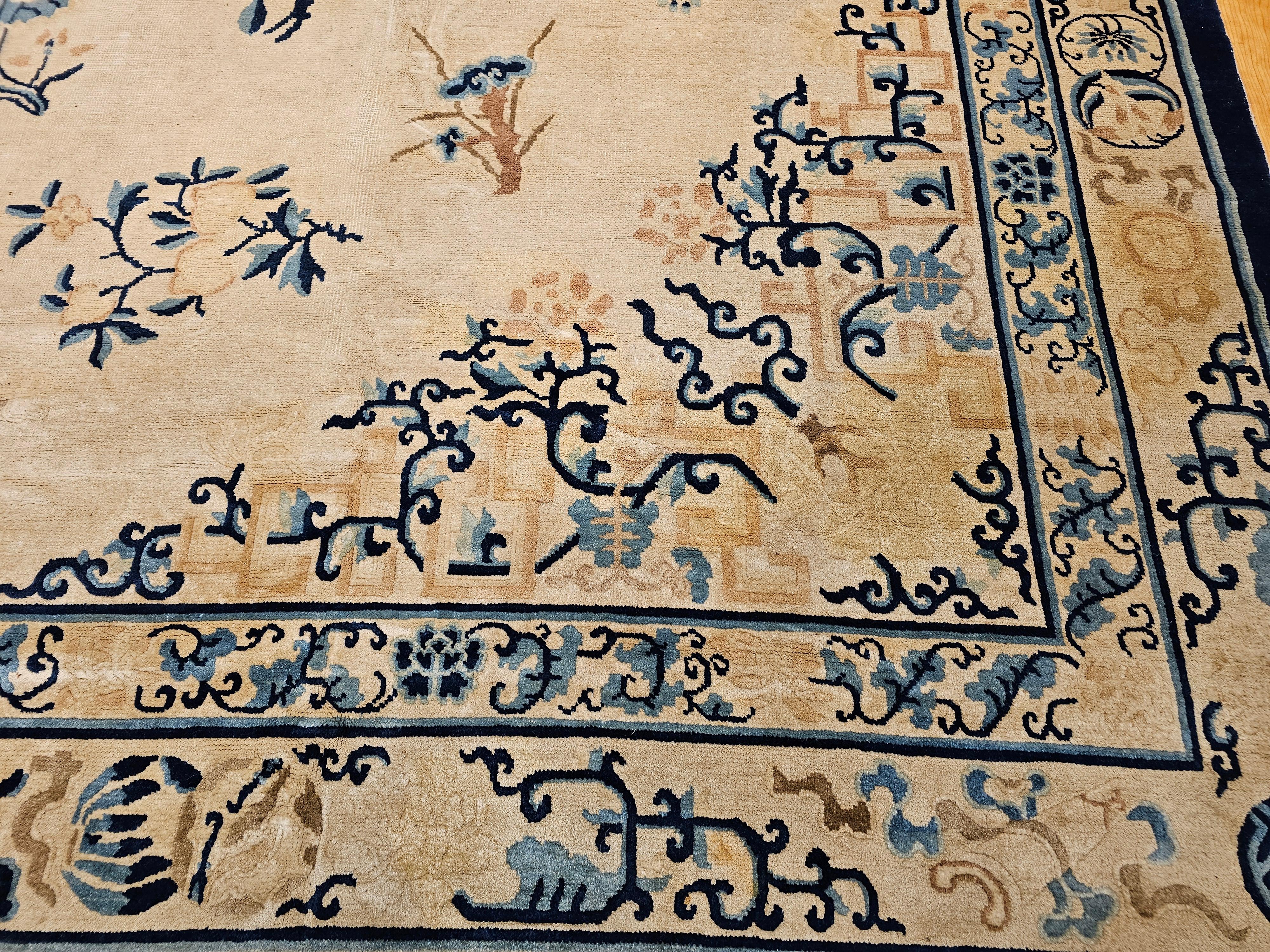 Oversized 19th Century Chinese Peking Rug in Ivory, Blue, Navy, Green For Sale 1