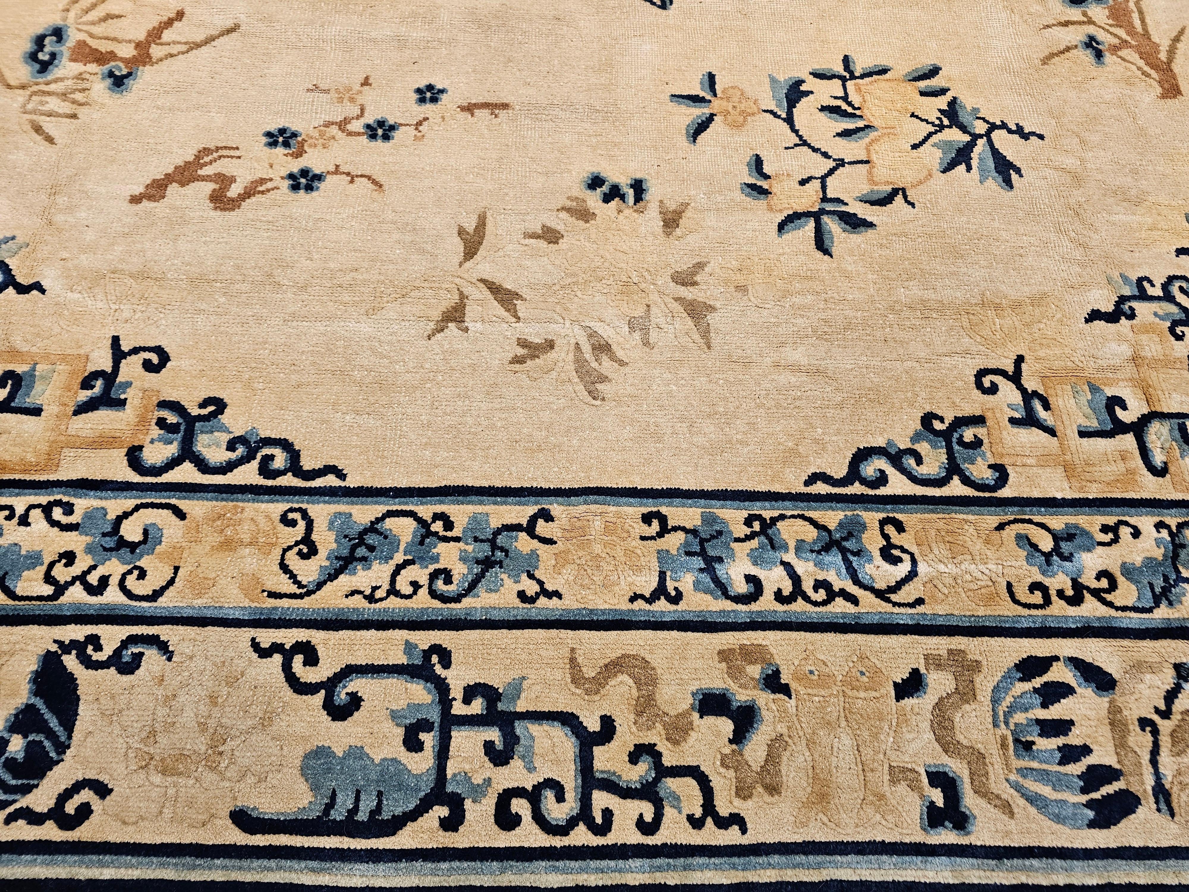 Oversized 19th Century Chinese Peking Rug in Ivory, Blue, Navy, Green For Sale 3