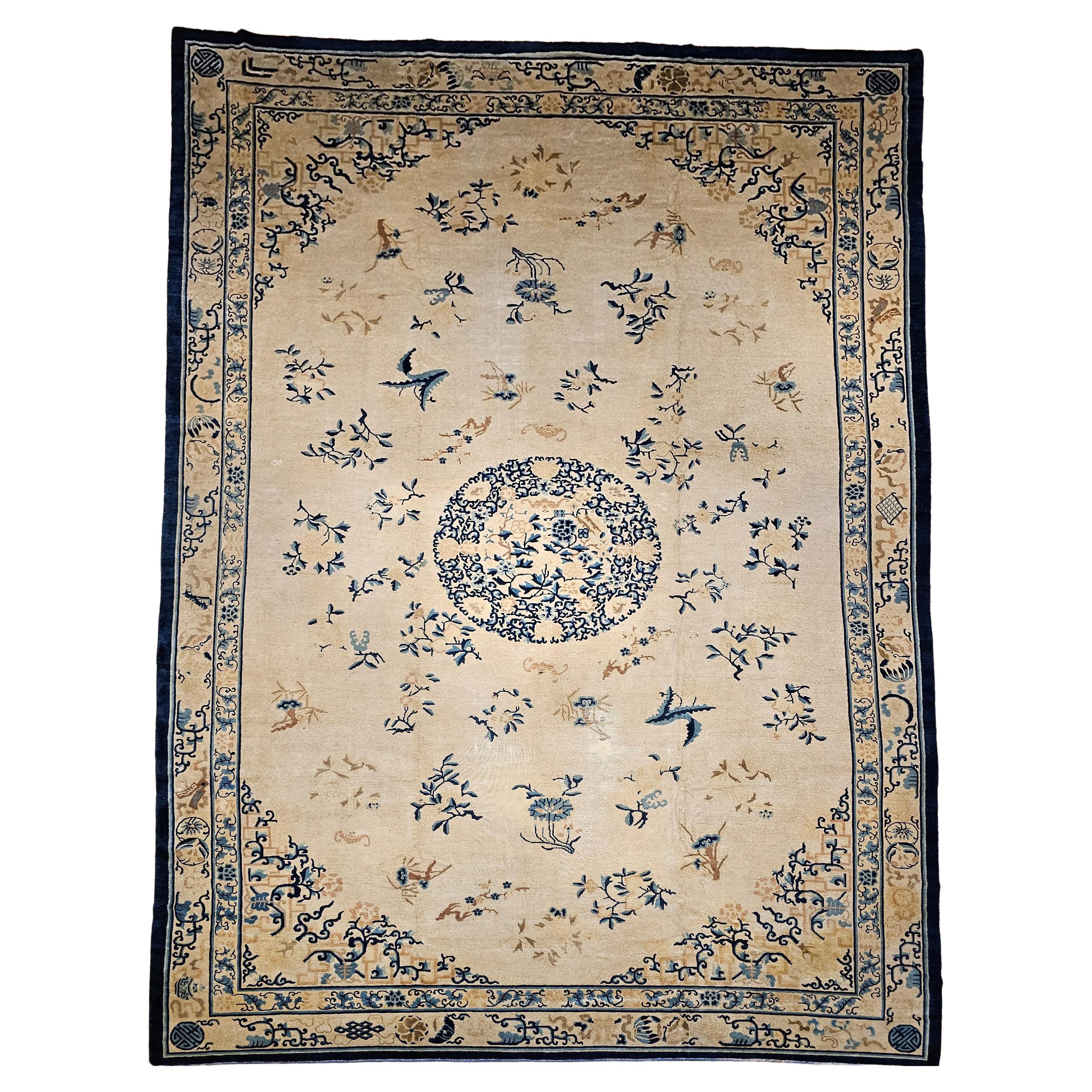 Oversized 19th Century Chinese Peking Rug in Ivory, Blue, Navy, Green