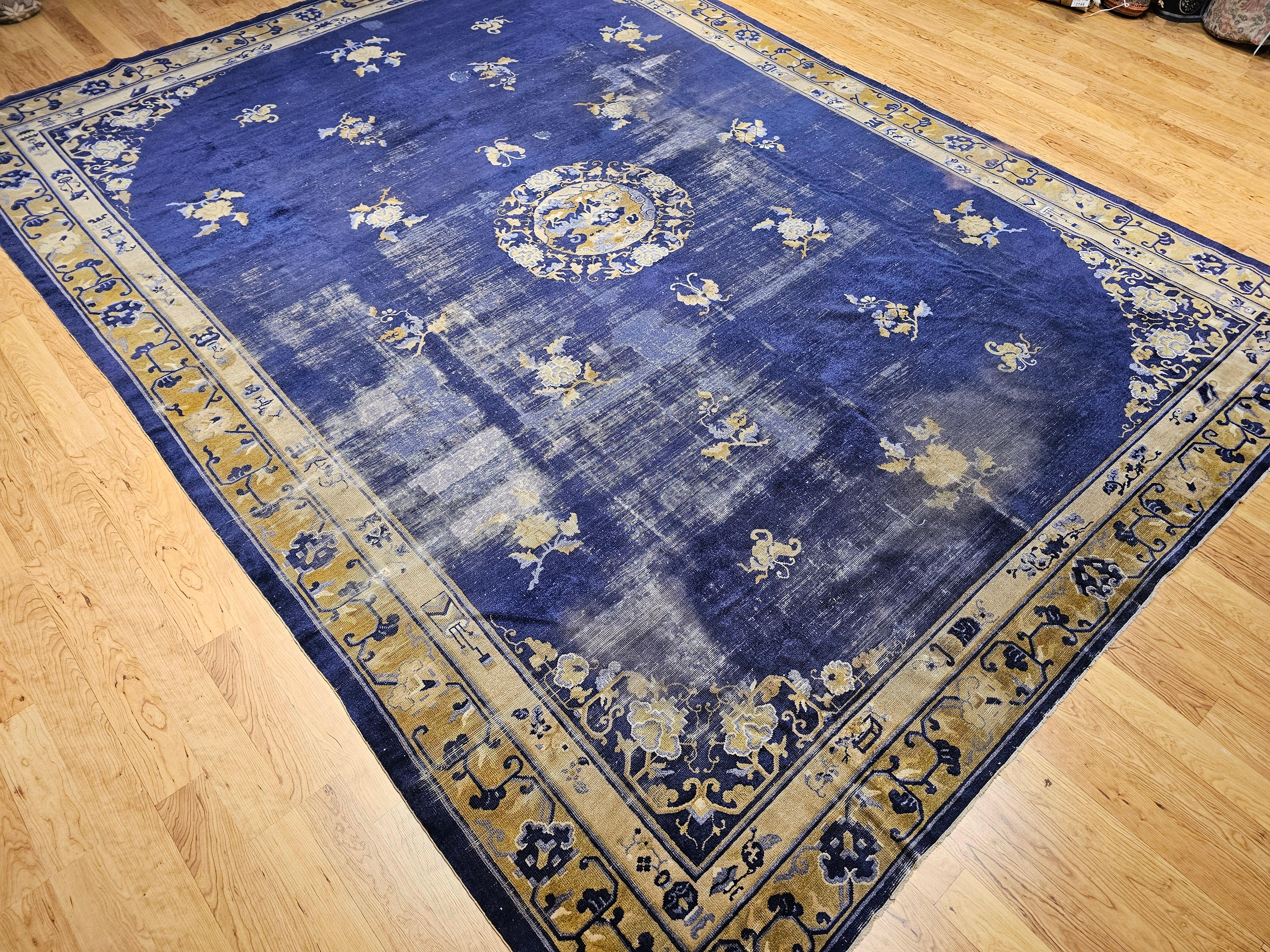 19th Century Chinese Peking Rug with Auspicious Symbols in Indigo, Gold For Sale 5
