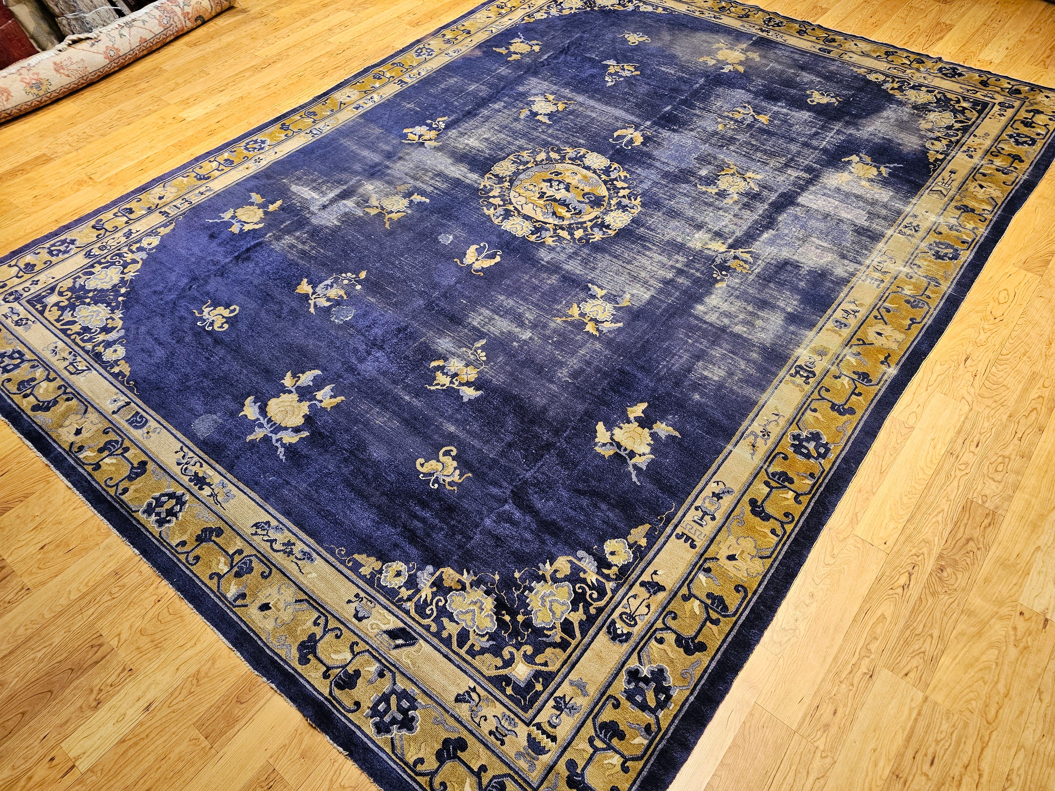 19th Century Chinese Peking Rug with Auspicious Symbols in Indigo, Gold For Sale 6