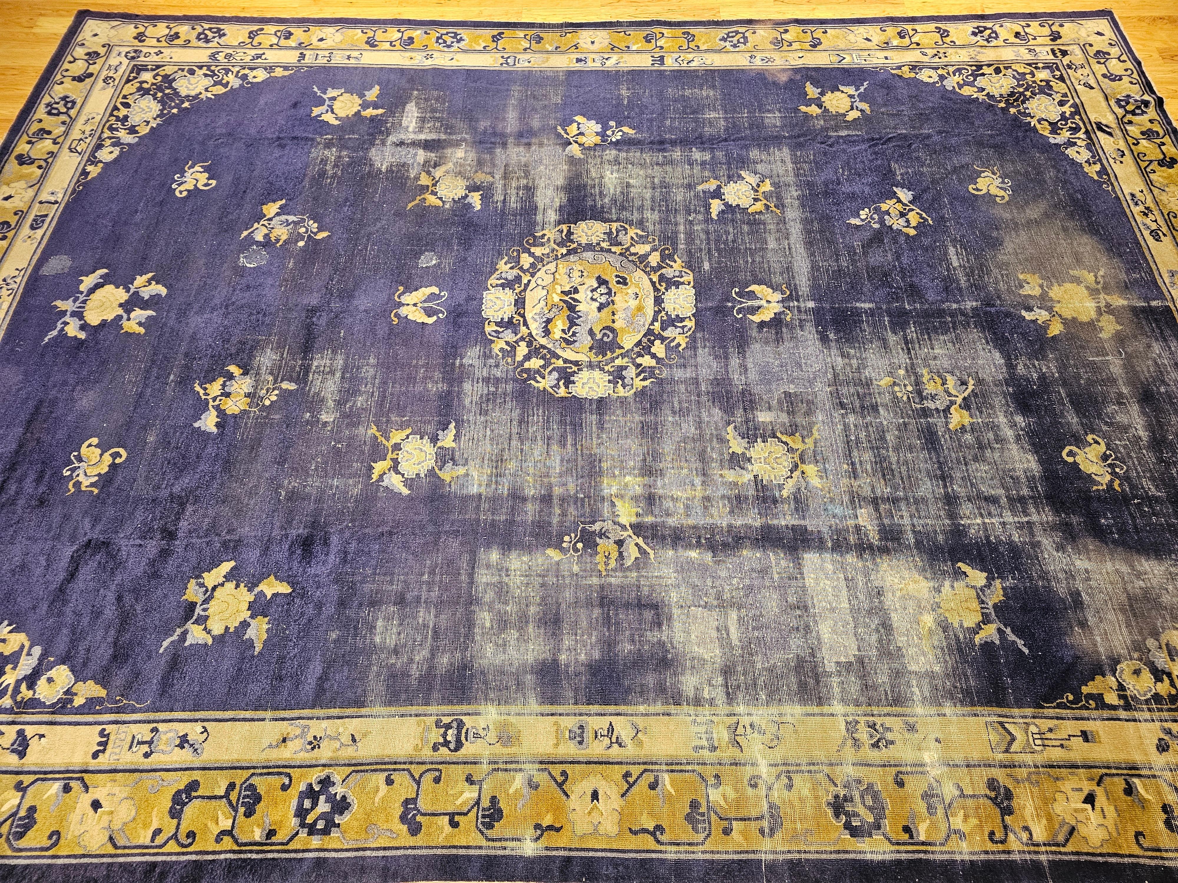 19th Century Chinese Peking Rug with Auspicious Symbols in Indigo, Gold For Sale 7
