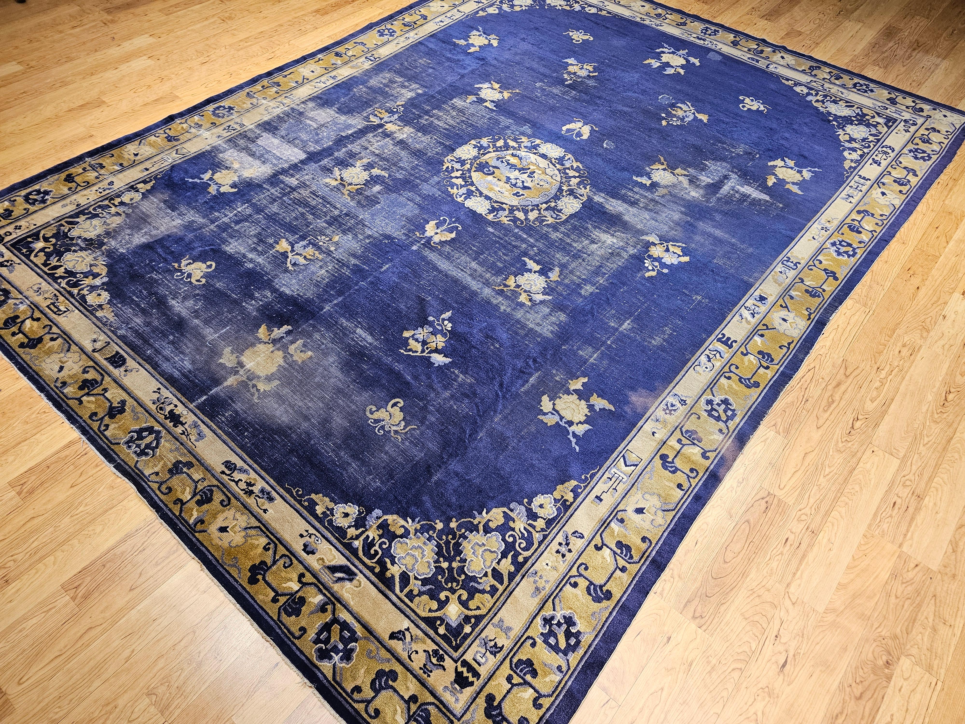 19th Century Chinese Peking Rug with Auspicious Symbols in Indigo, Gold For Sale 8