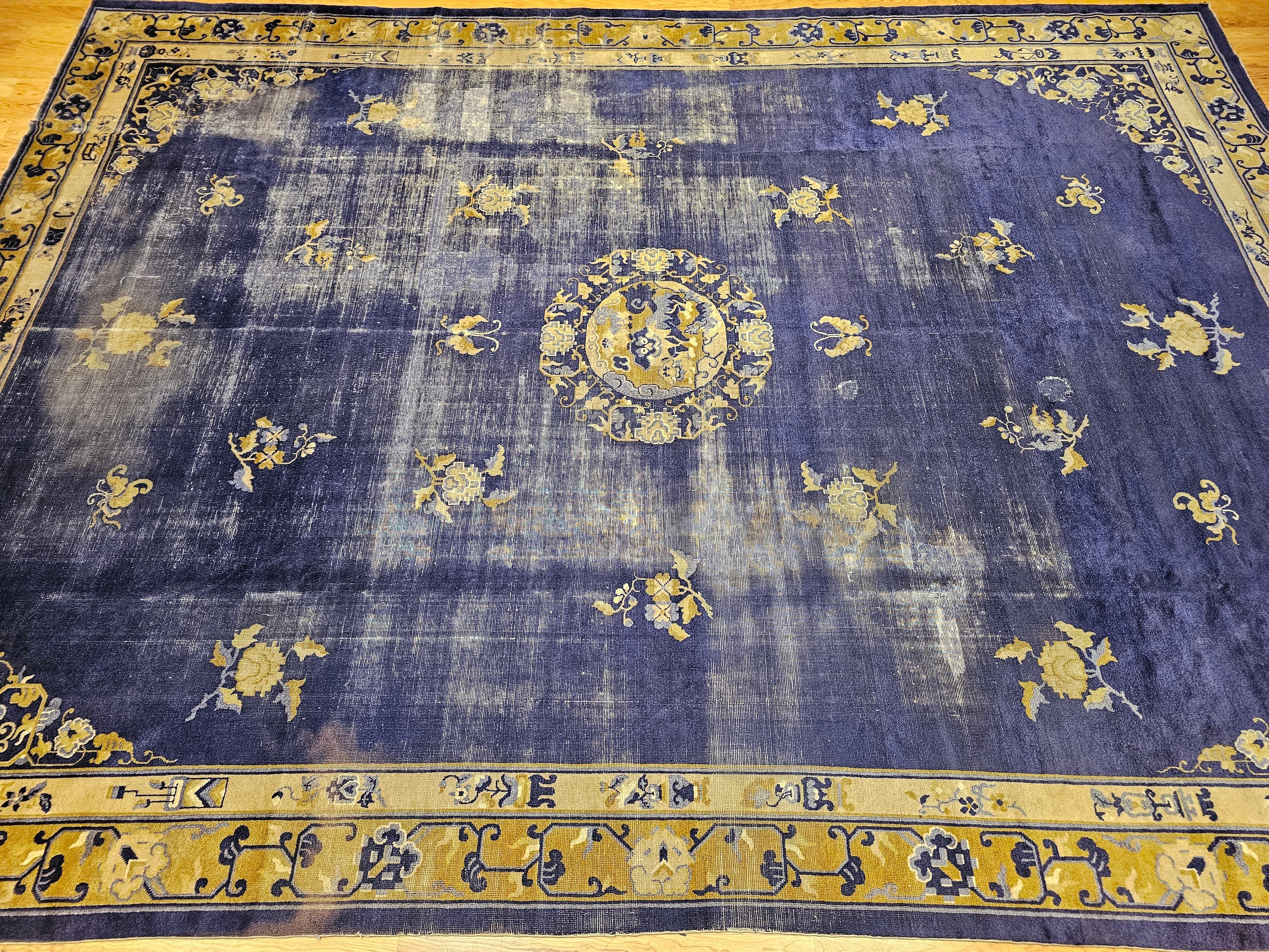 19th Century Chinese Peking Rug with Auspicious Symbols in Indigo, Gold For Sale 10