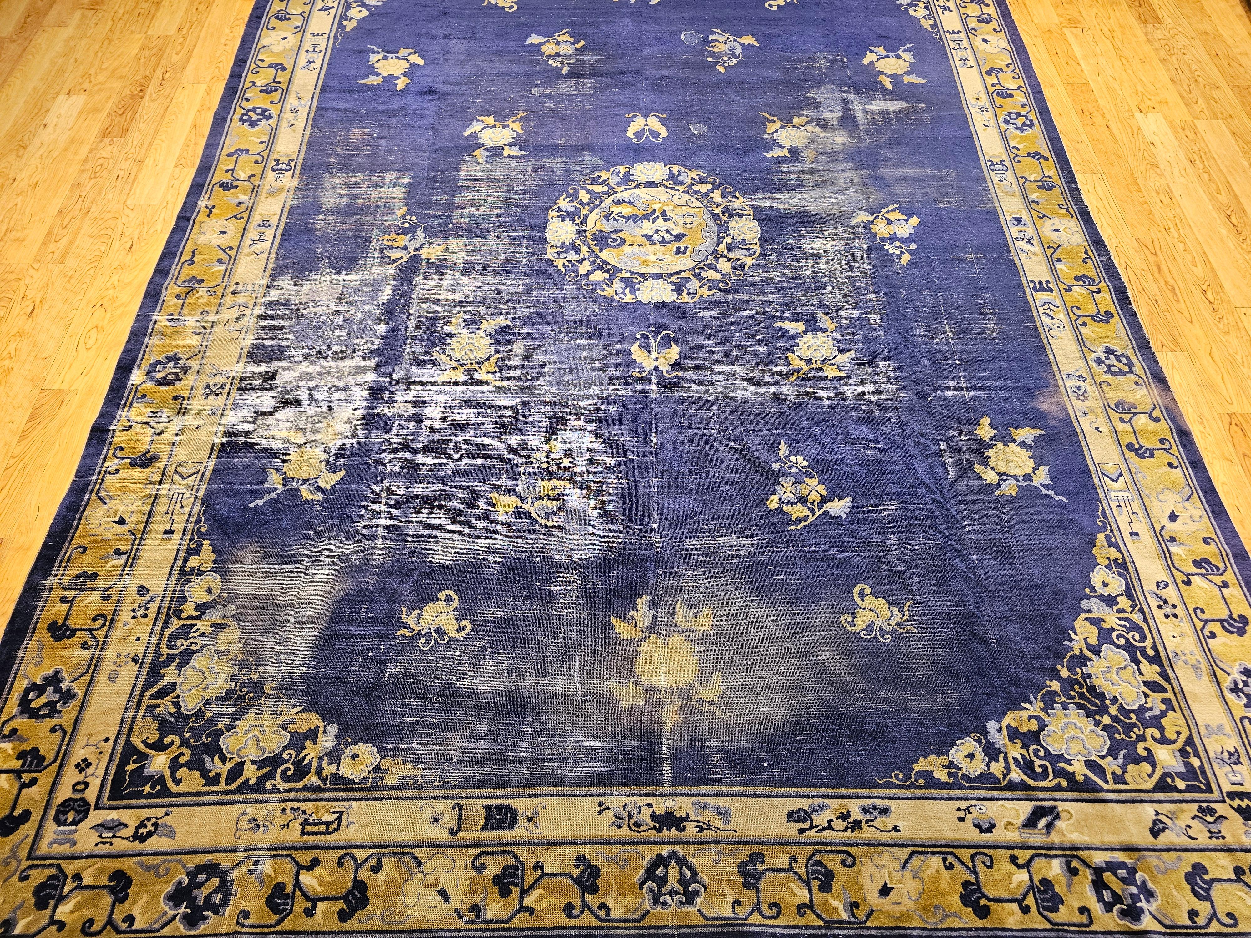 19th Century Chinese Peking Rug with Auspicious Symbols in Indigo, Gold For Sale 11