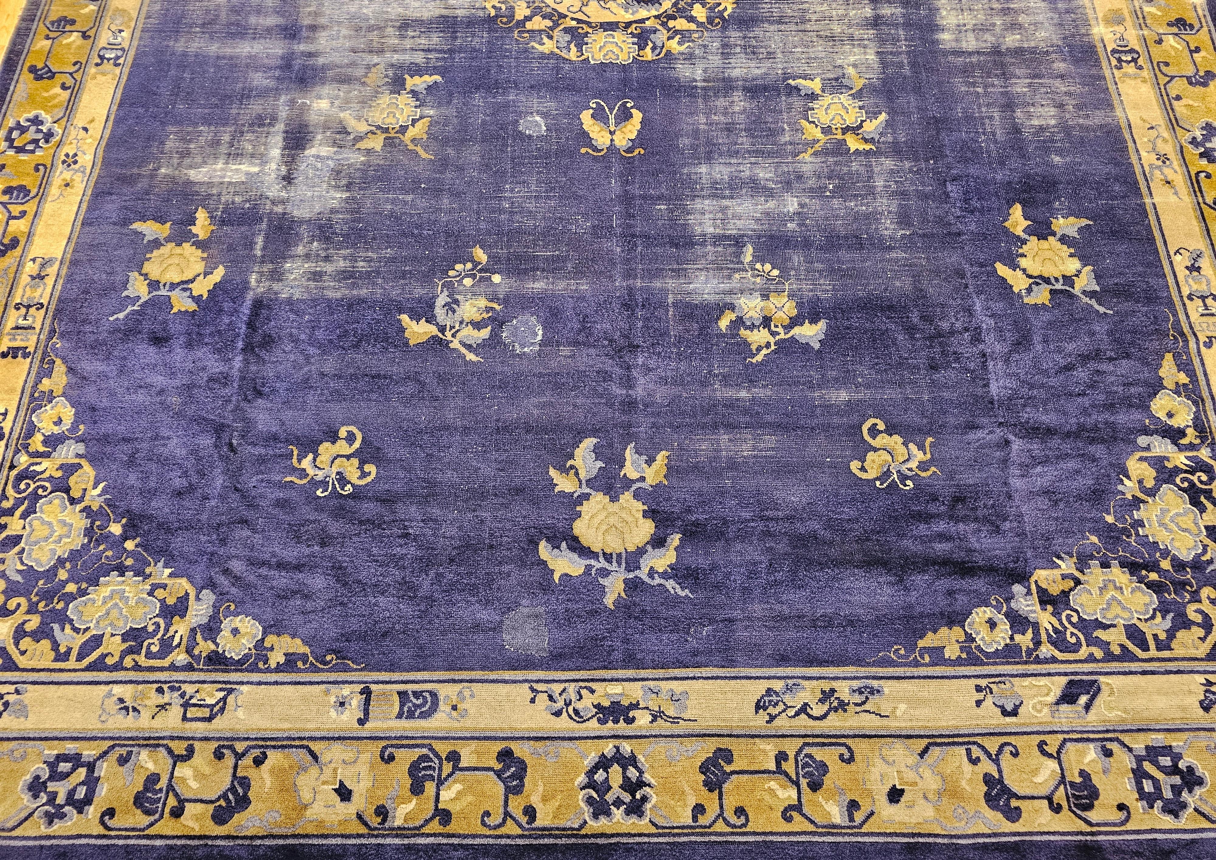Vegetable Dyed 19th Century Chinese Peking Rug with Auspicious Symbols in Indigo, Gold For Sale