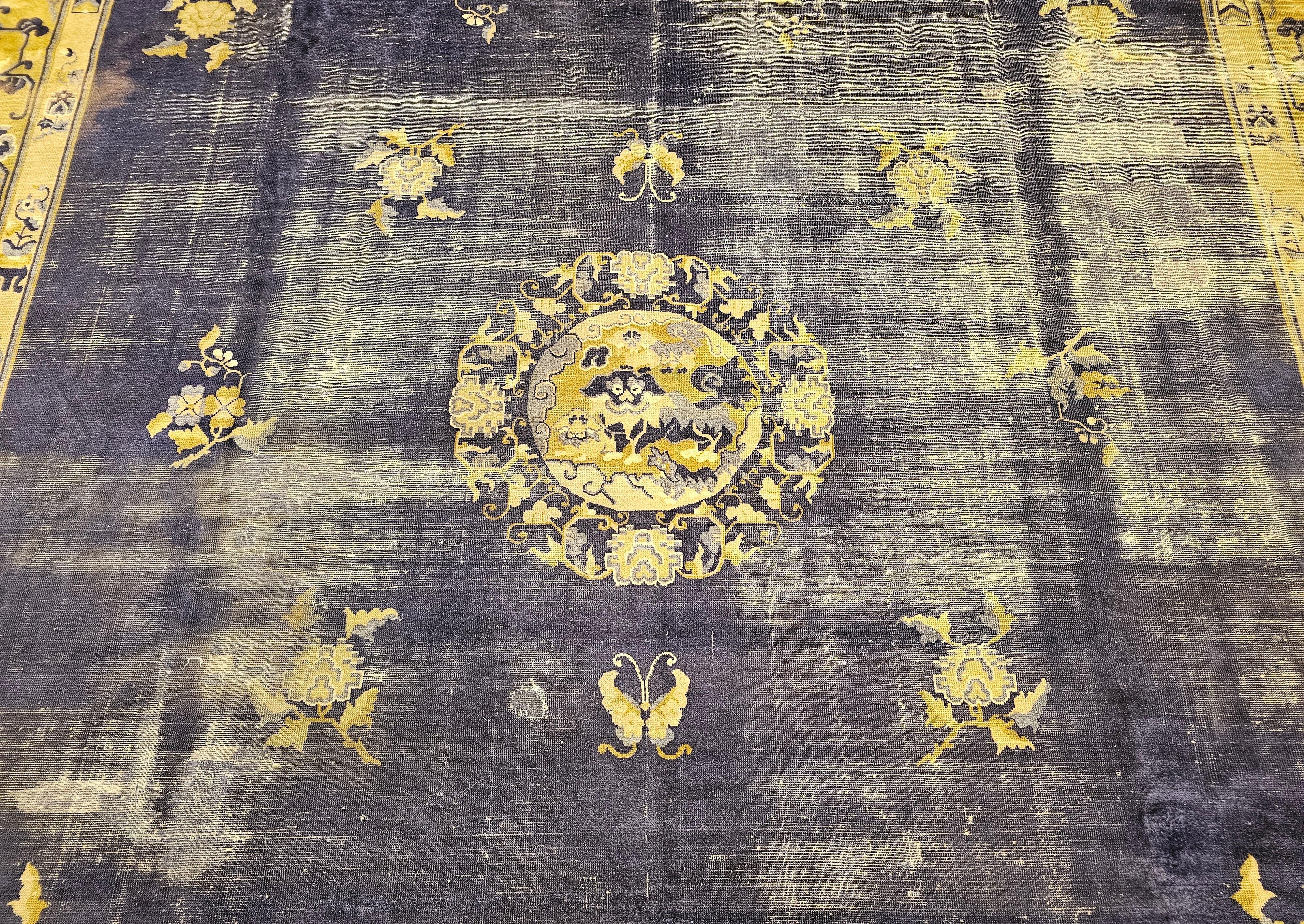 19th Century Chinese Peking Rug with Auspicious Symbols in Indigo, Gold In Good Condition For Sale In Barrington, IL