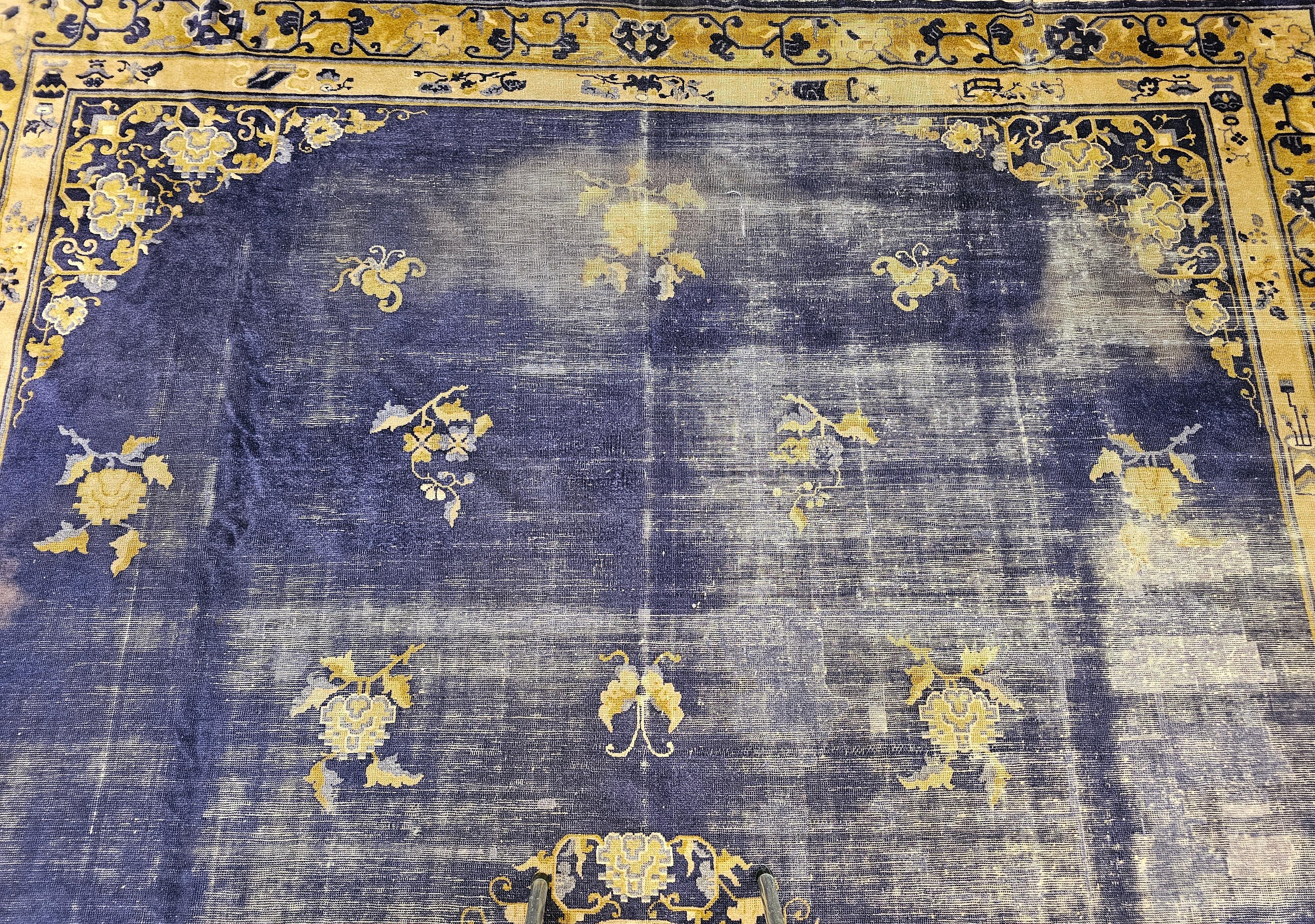 Wool 19th Century Chinese Peking Rug with Auspicious Symbols in Indigo, Gold For Sale