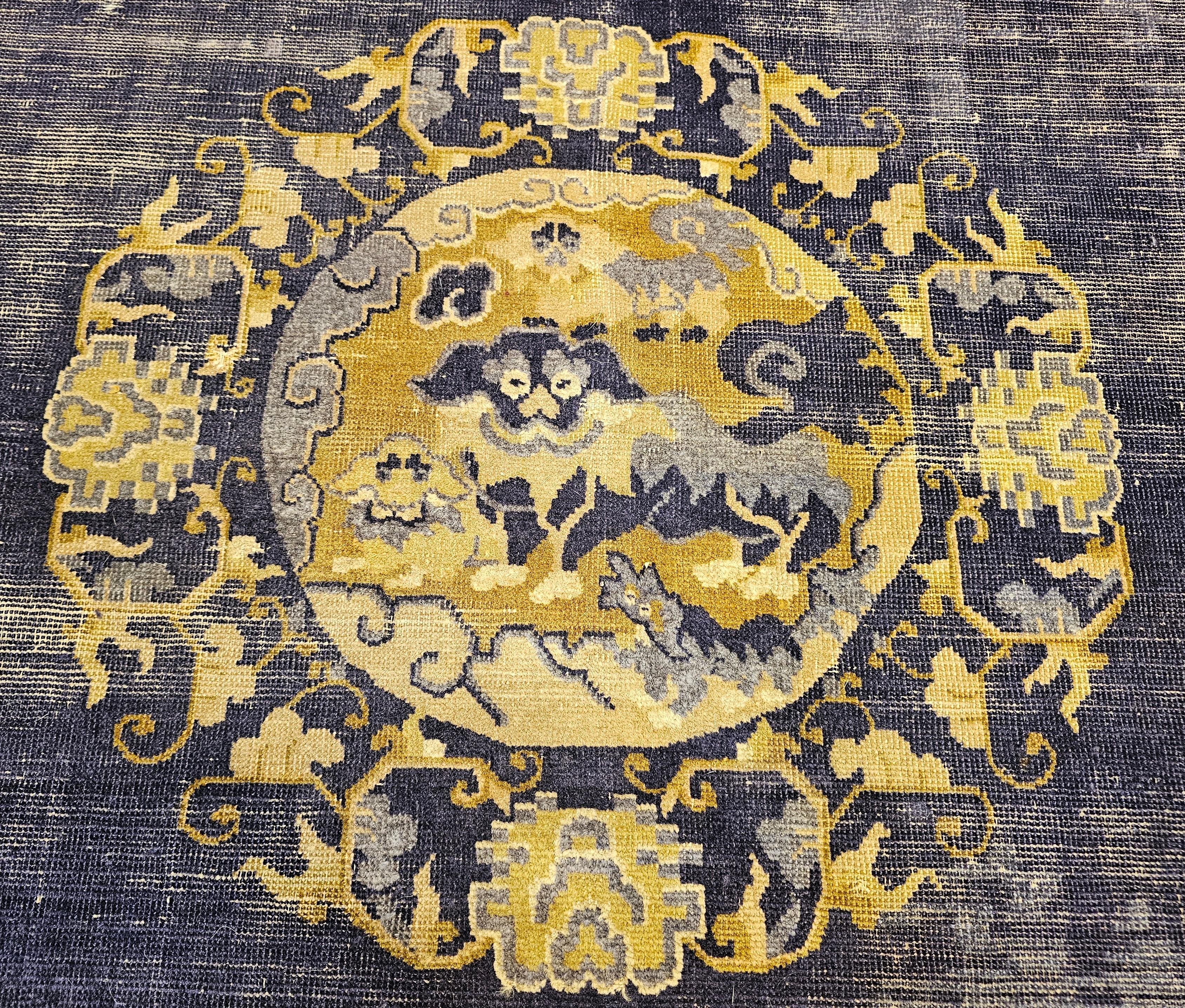 19th Century Chinese Peking Rug with Auspicious Symbols in Indigo, Gold For Sale 1