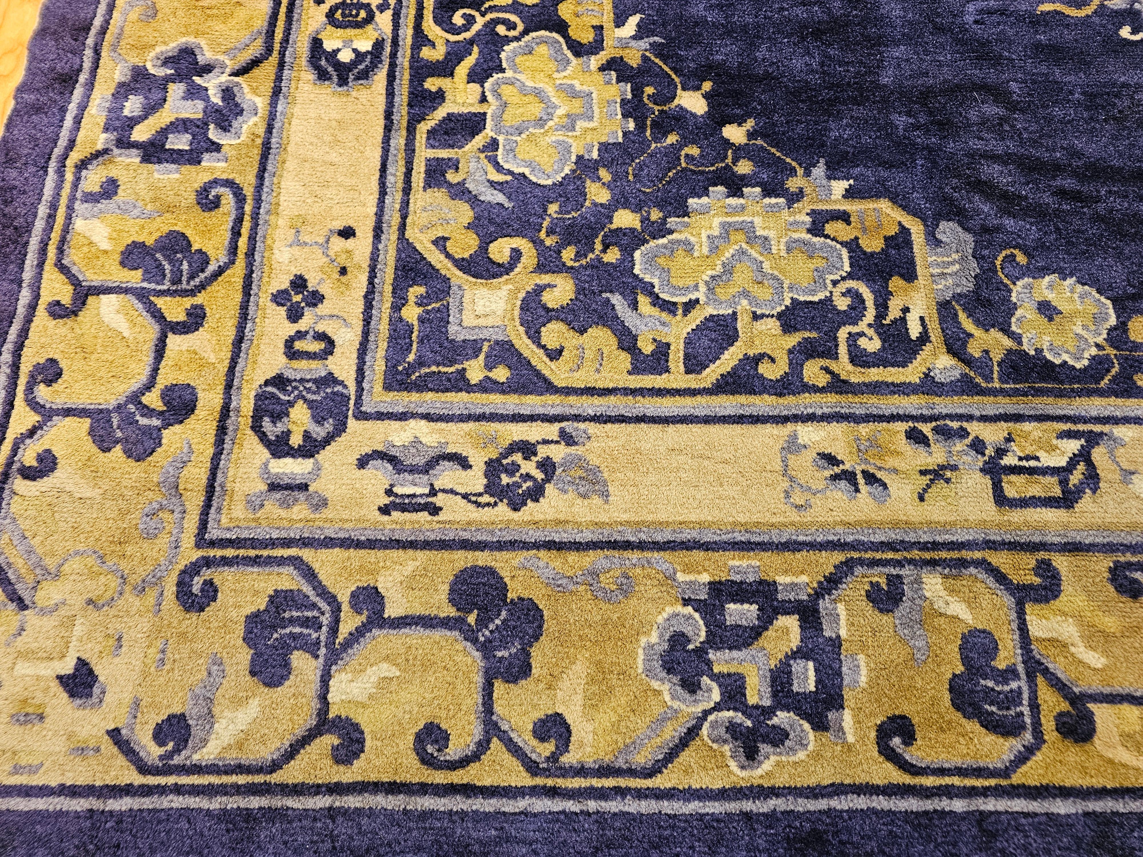 19th Century Chinese Peking Rug with Auspicious Symbols in Indigo, Gold For Sale 2