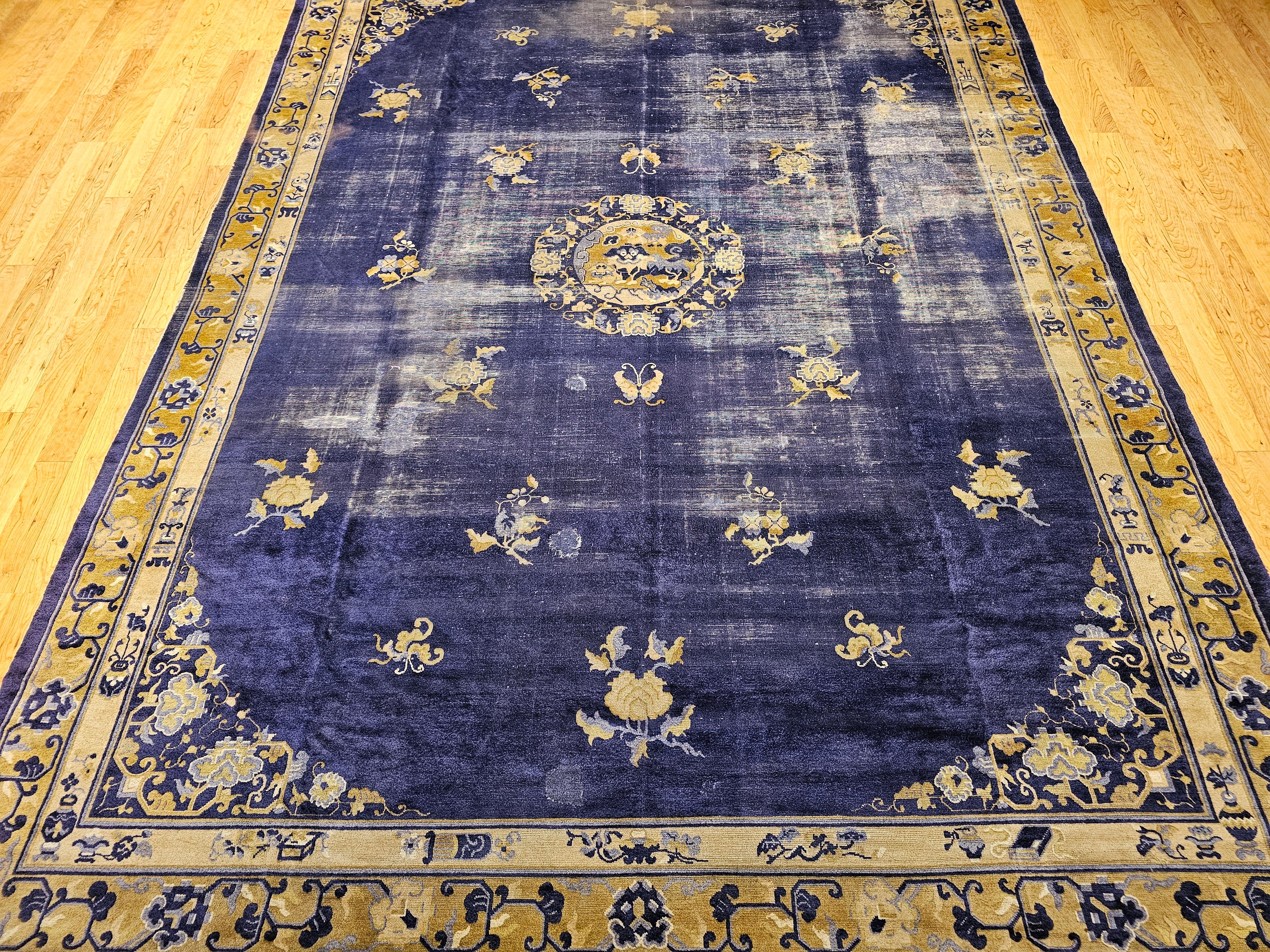 19th Century Chinese Peking Rug with Auspicious Symbols in Indigo, Gold For Sale 4