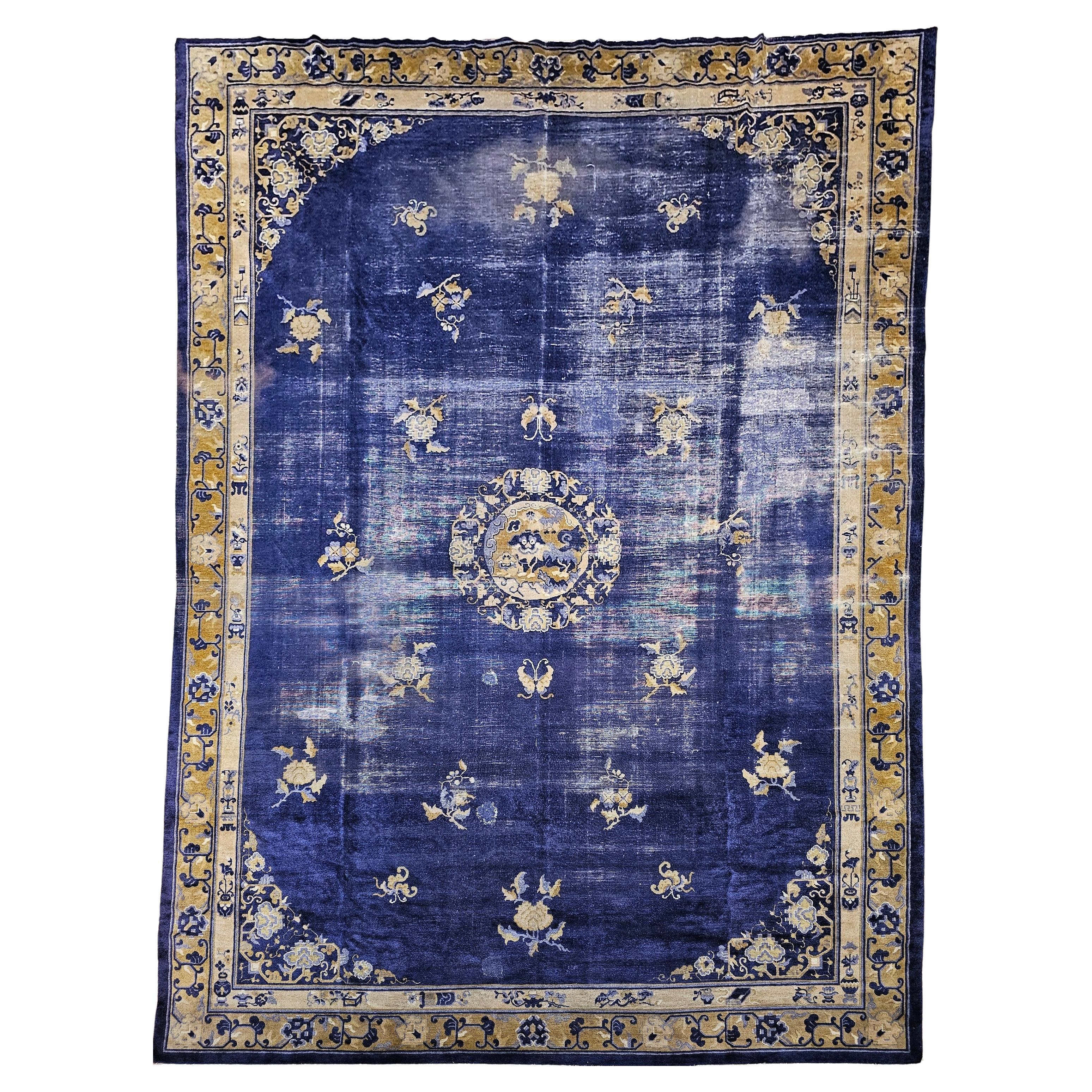 19th Century Chinese Peking Rug with Auspicious Symbols in Indigo, Gold For Sale